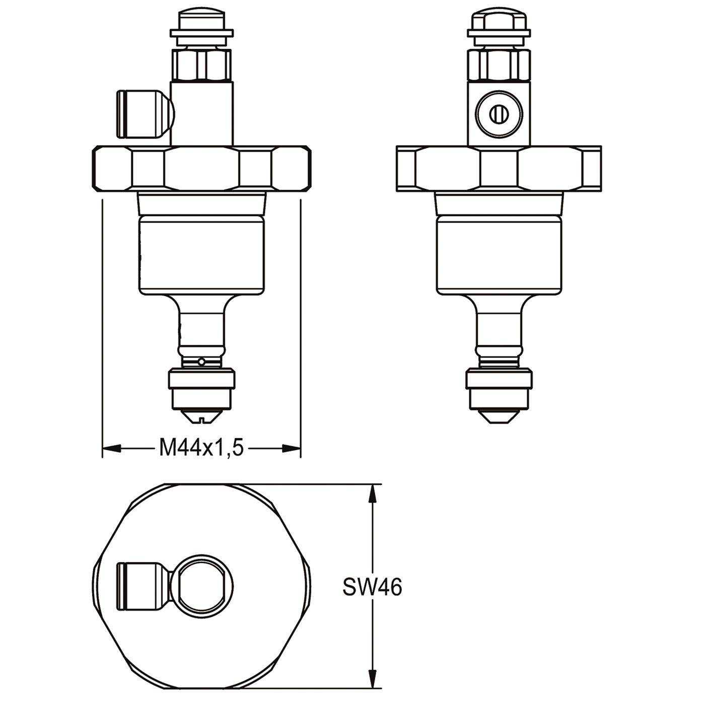 Technische Strichzeichnung eines Sensors oder einer Zündkerze dargestellt in Front- und Seitenansicht, mit eingetragenen Abmessungen M44x1,5 und SW46.