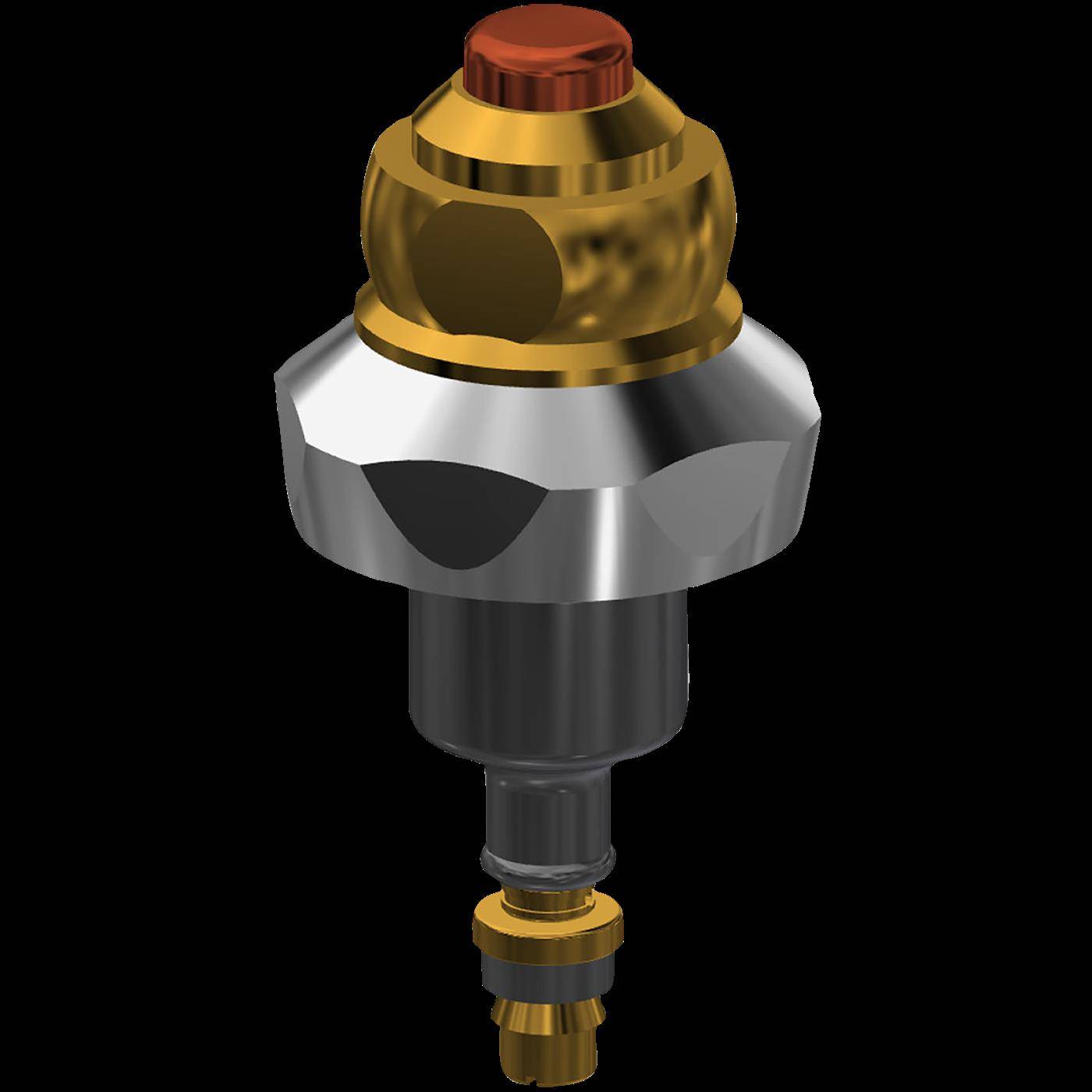 3D-Rendering einer Metall-Ventil- oder Düseneinheit mit einer goldenen Oberseite, einem silbernen Kragen und einer dunklen unteren Welle auf schwarzem Hintergrund.