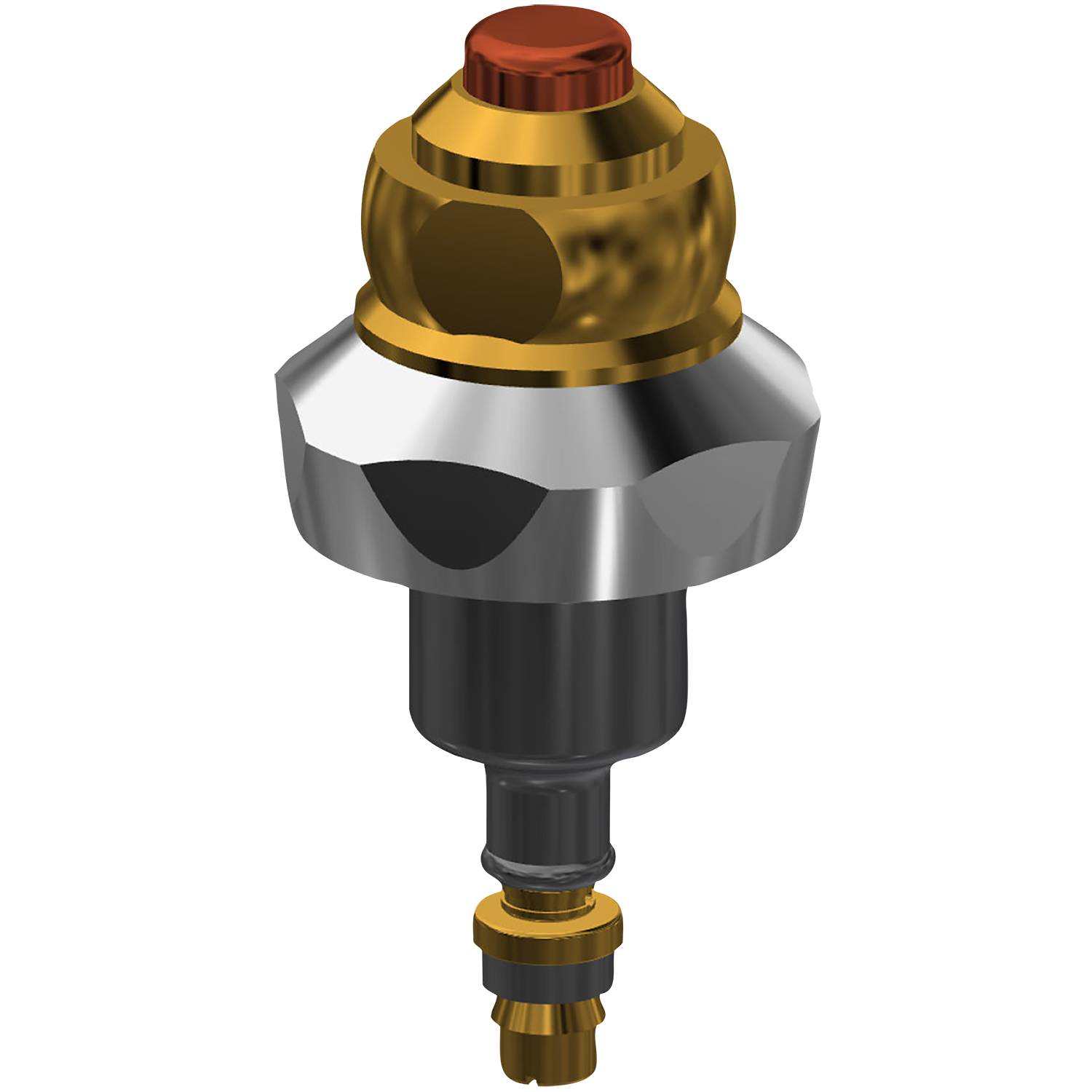 „Eine glänzende, metallische Industriekomponente mit rotem Deckel, goldener Mittensektion und detailreicher Ausarbeitung, vor einem schwarzen Hintergrund.