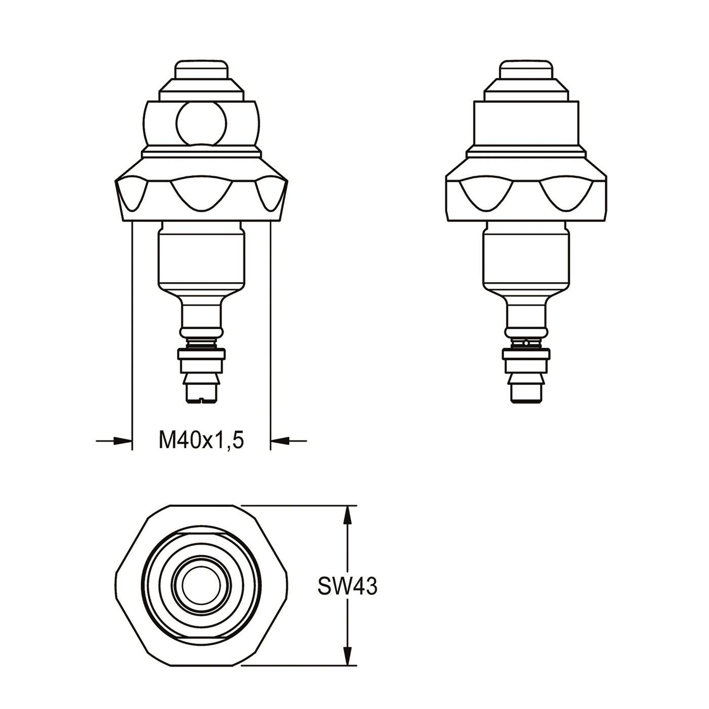 Technische Zeichnung eines gewindetragenden mechanischen Teils, dargestellt in Vorder- und Draufsicht, gekennzeichnet mit M40x1,5 und SW43 mit Bemaßungspfeilen.