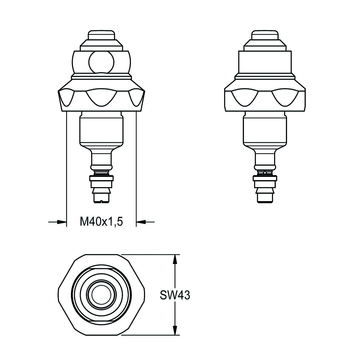 Technische Zeichnung eines Verbinders mit M40x1,5 Gewindelehrgröße und SW43 Breite, mit Ansichten von vorne und der Seite.