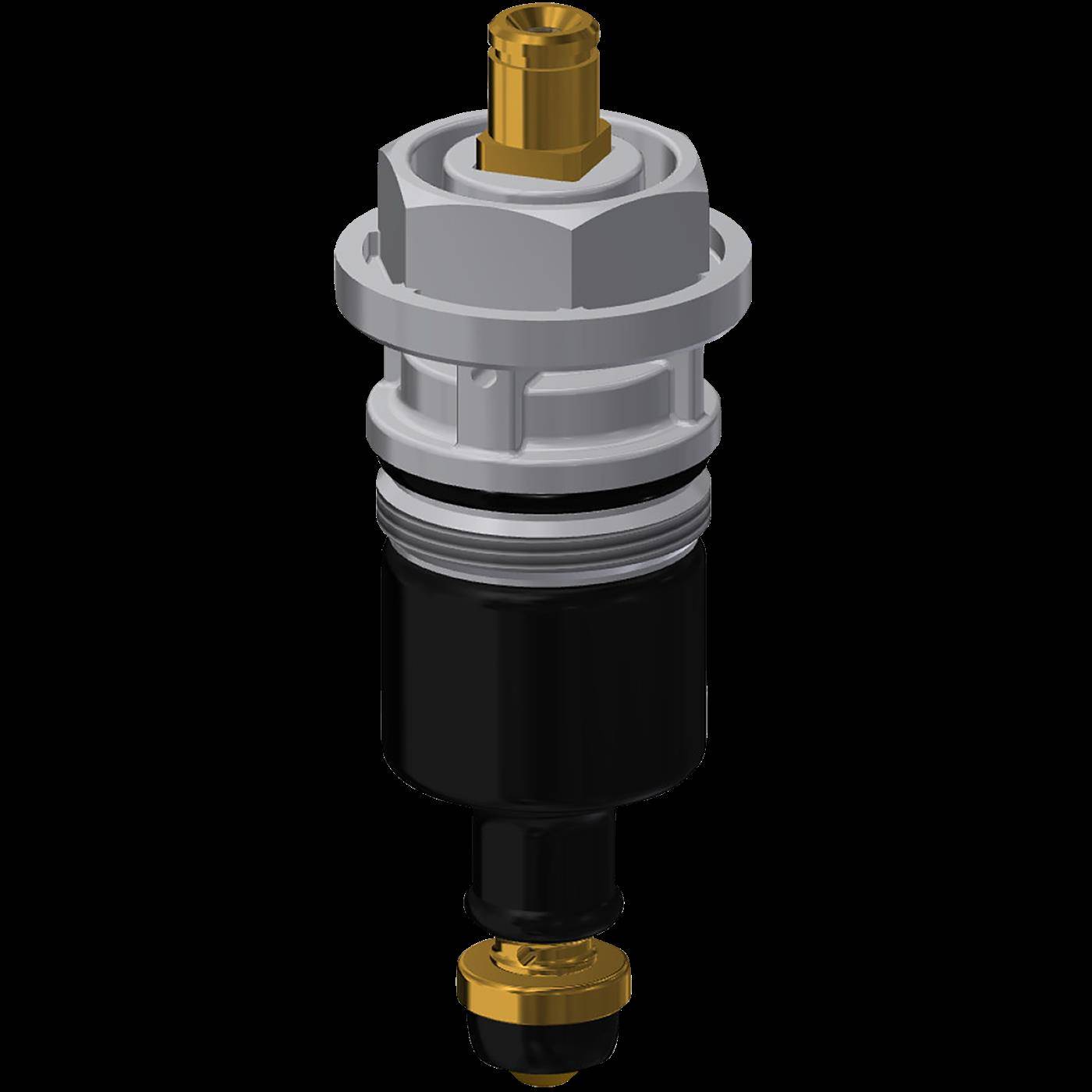 3D-Rendering einer zylindrischen mechanischen Ventilpatrone mit silbernem Gehäuse und goldenen Armaturen auf schwarzem Hintergrund.