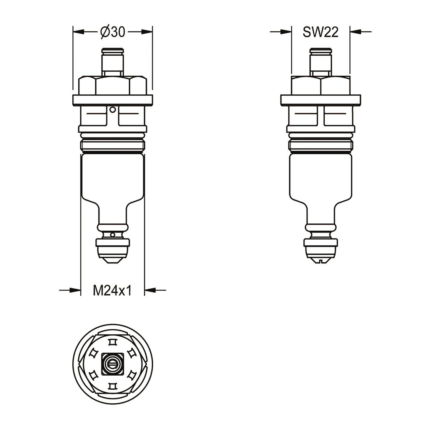 Technische Zeichnung einer Zündkerze mit Seiten- und Draufsicht mit Abmessungen Ø30, SW22 und M24x1.