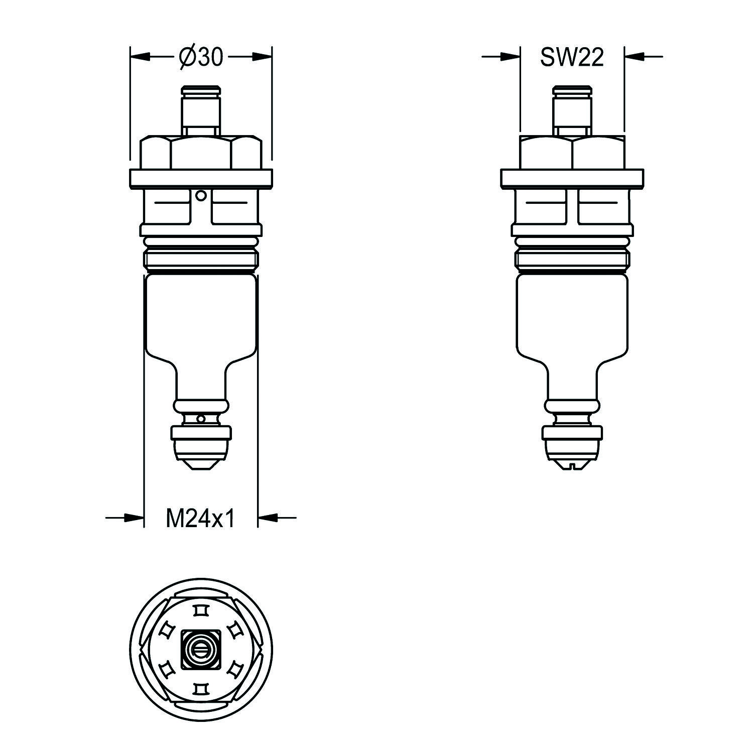 Technische Zeichnung einer zylindrischen mechanischen Komponente mit Maßen: Durchmesser 30 mm, sechseckige Querschnittsbreite 22 mm, Gewinde M24x1.