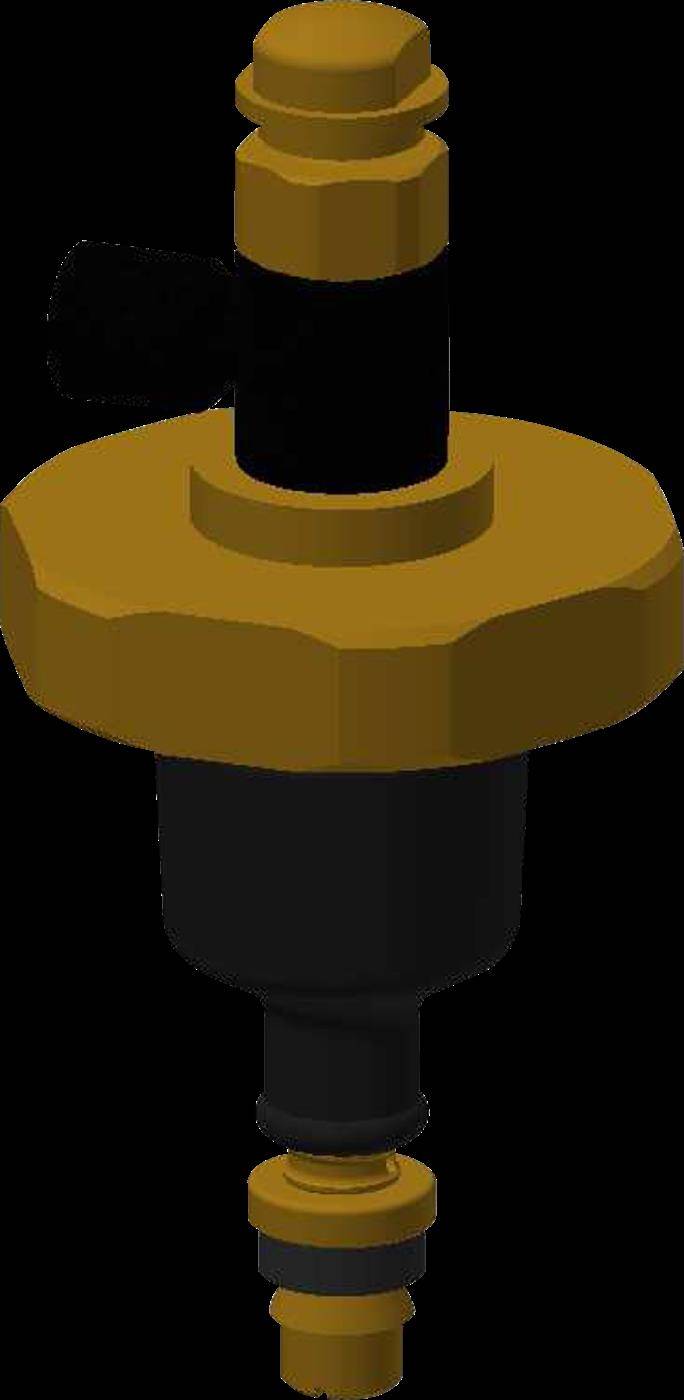 Eine gold-schwarze mechanische Ventil- oder Düsenkomponente mit einer großen runden Basis und einer vertikalen zentralen Welle.