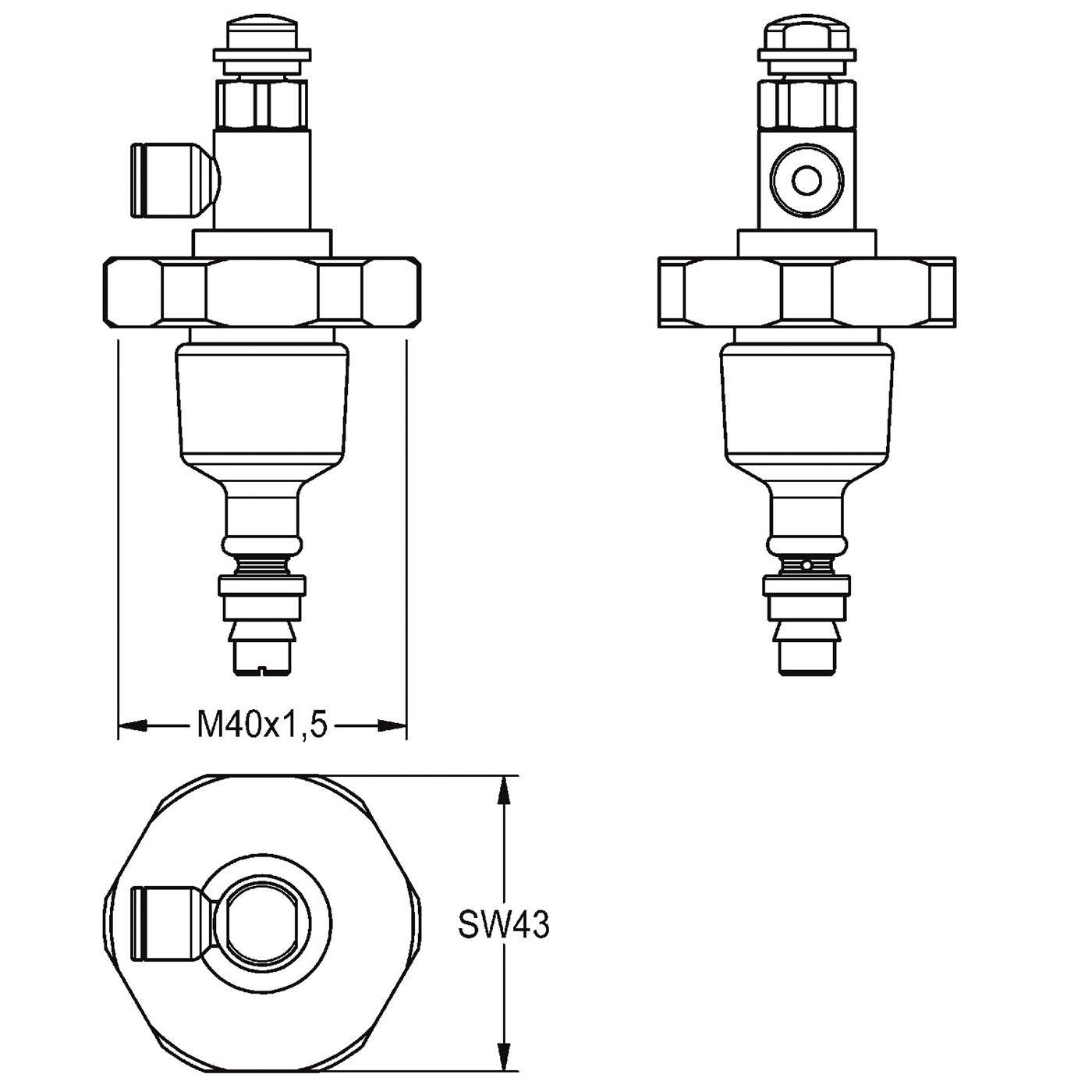 Technische Strichzeichnung einer verschraubten mechanischen Verschraubung, dargestellt in zwei Seitenansichten und einer Draufsicht, beschriftet mit M40x1,5 und SW43.
