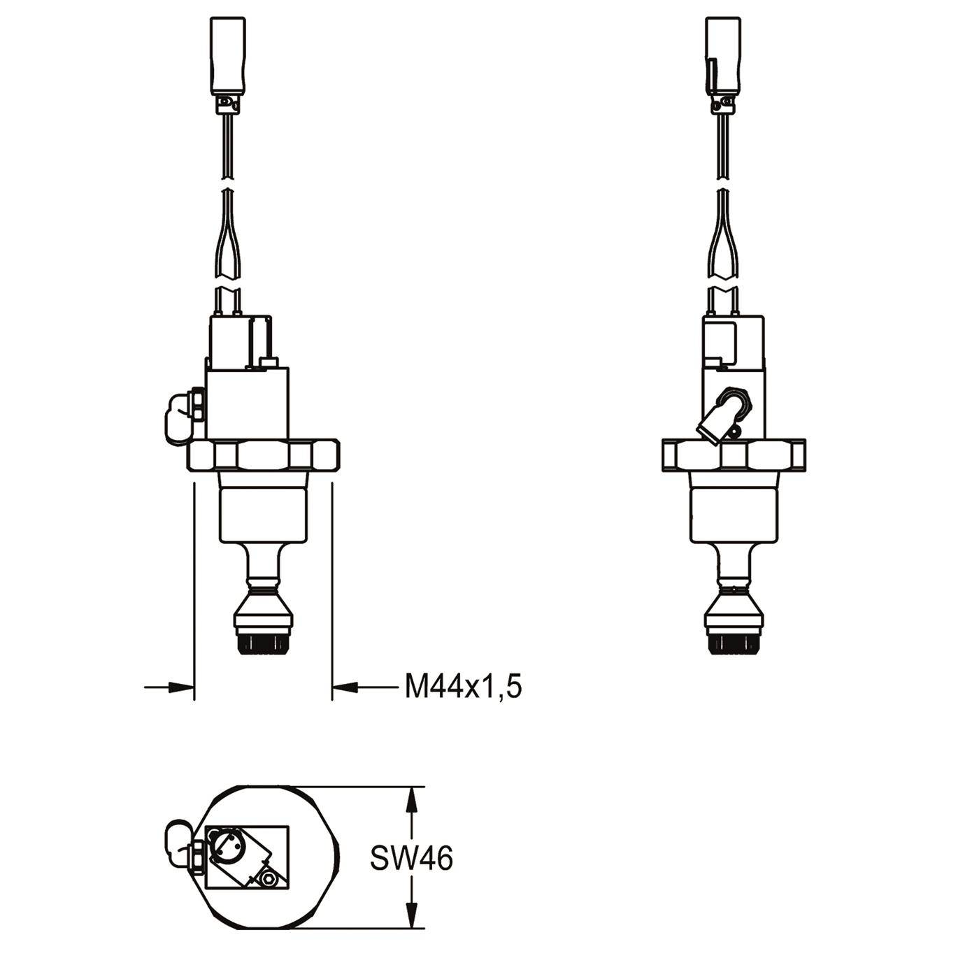 Technische Strichzeichnung einer Gewindeventilbaugruppe, dargestellt in zwei Seitenansichten und einer Draufsicht, beschriftet mit M44x1,5 und SW46.