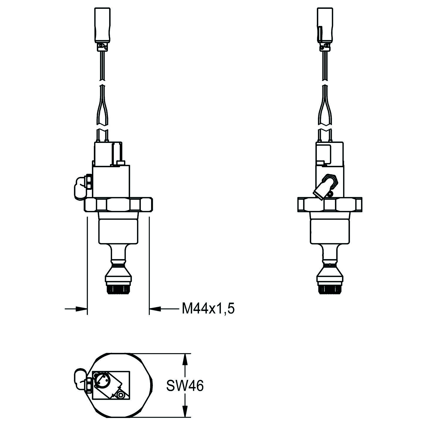 Technische Zeichnung einer mechanischen Vorrichtung mit den Spezifikationen 'M44x1.5' und 'SW46', mit Vorder- und Seitenansicht.