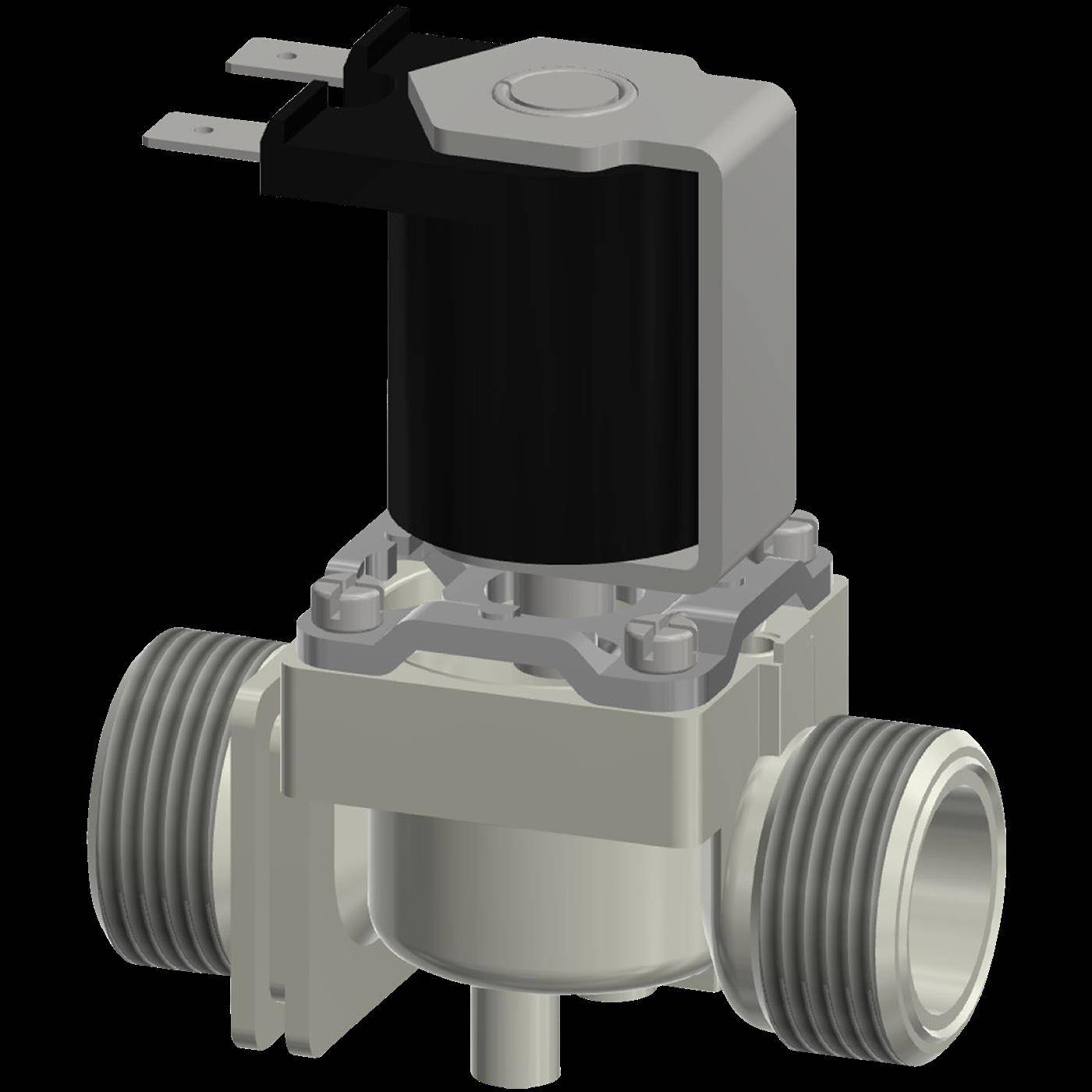 3D-gerendertes Magnetventil mit Gewindelohren-Anschlüssen und elektrischen Anschlüssen, das zum Steuern des Flüssigkeitsflusses verwendet wird.