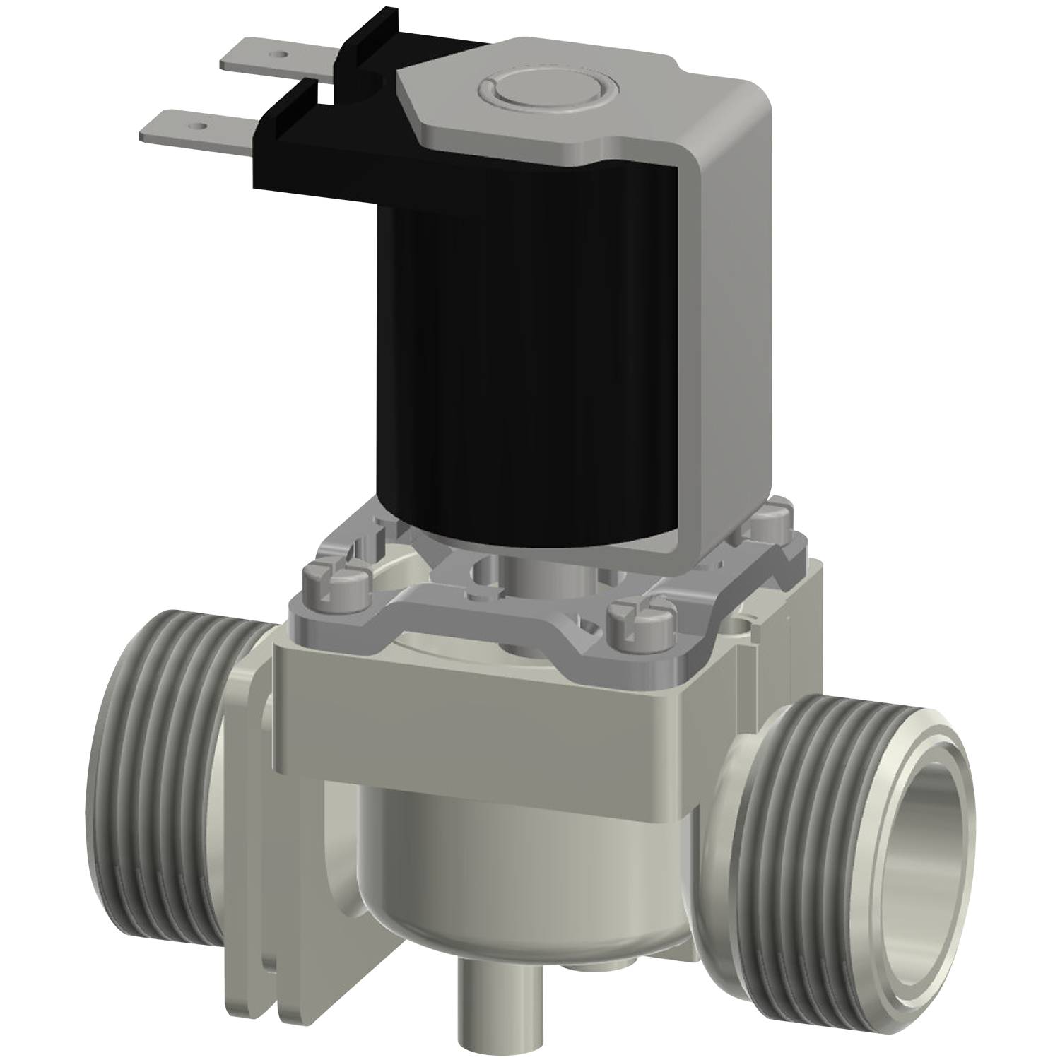 Eine digitale Darstellung eines mechanischen Solenoidventils mit Gewindeanschlüssen, das typischerweise zur Steuerung des Flüssigkeitsflusses in einem Rohrleitungssystem verwendet wird.