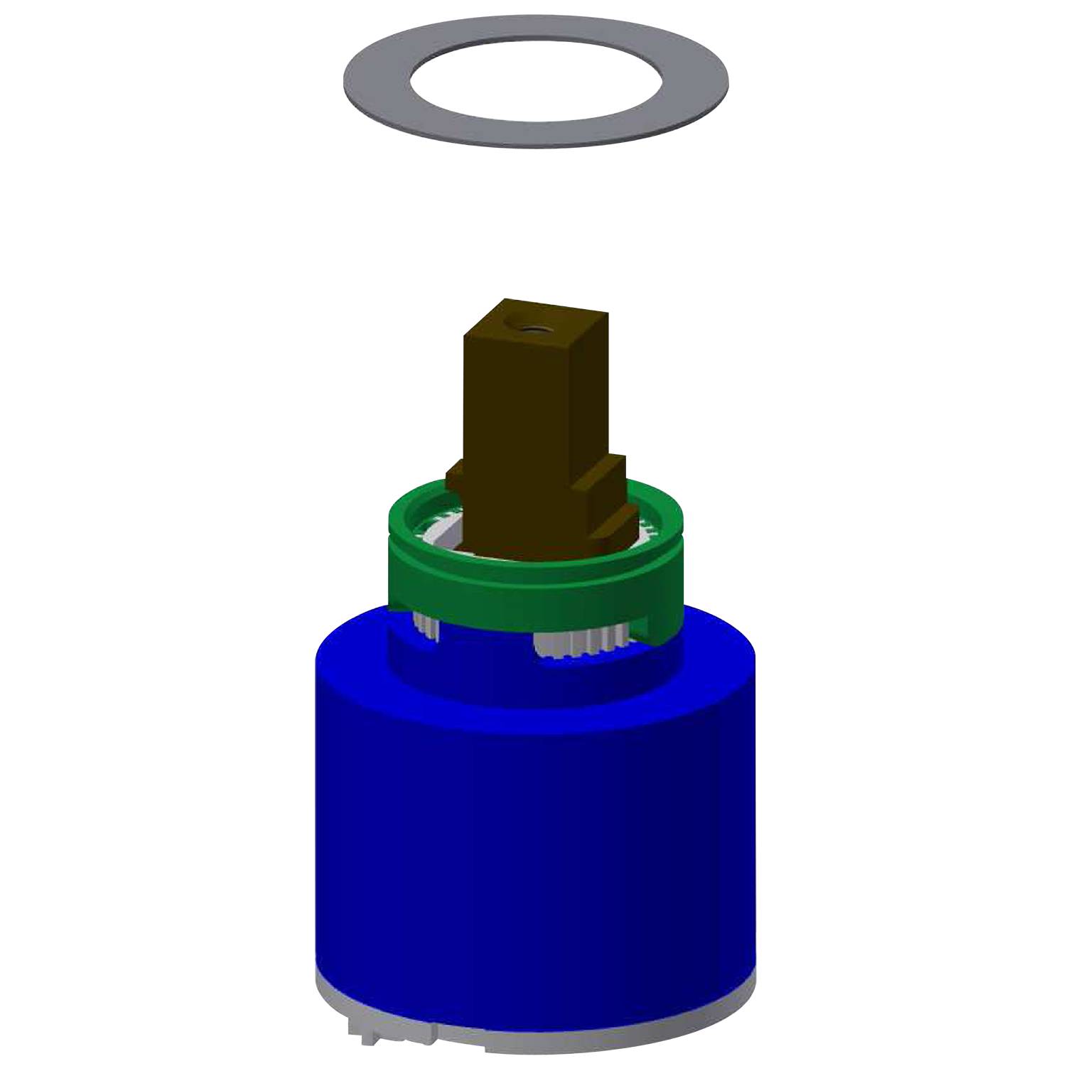3D-Modell eines zylindrischen mechanischen Teils mit einem blauen Außengehäuse, inneren Zahnrädern und einer braunen Zentralstruktur, aus einem Winkel betrachtet.