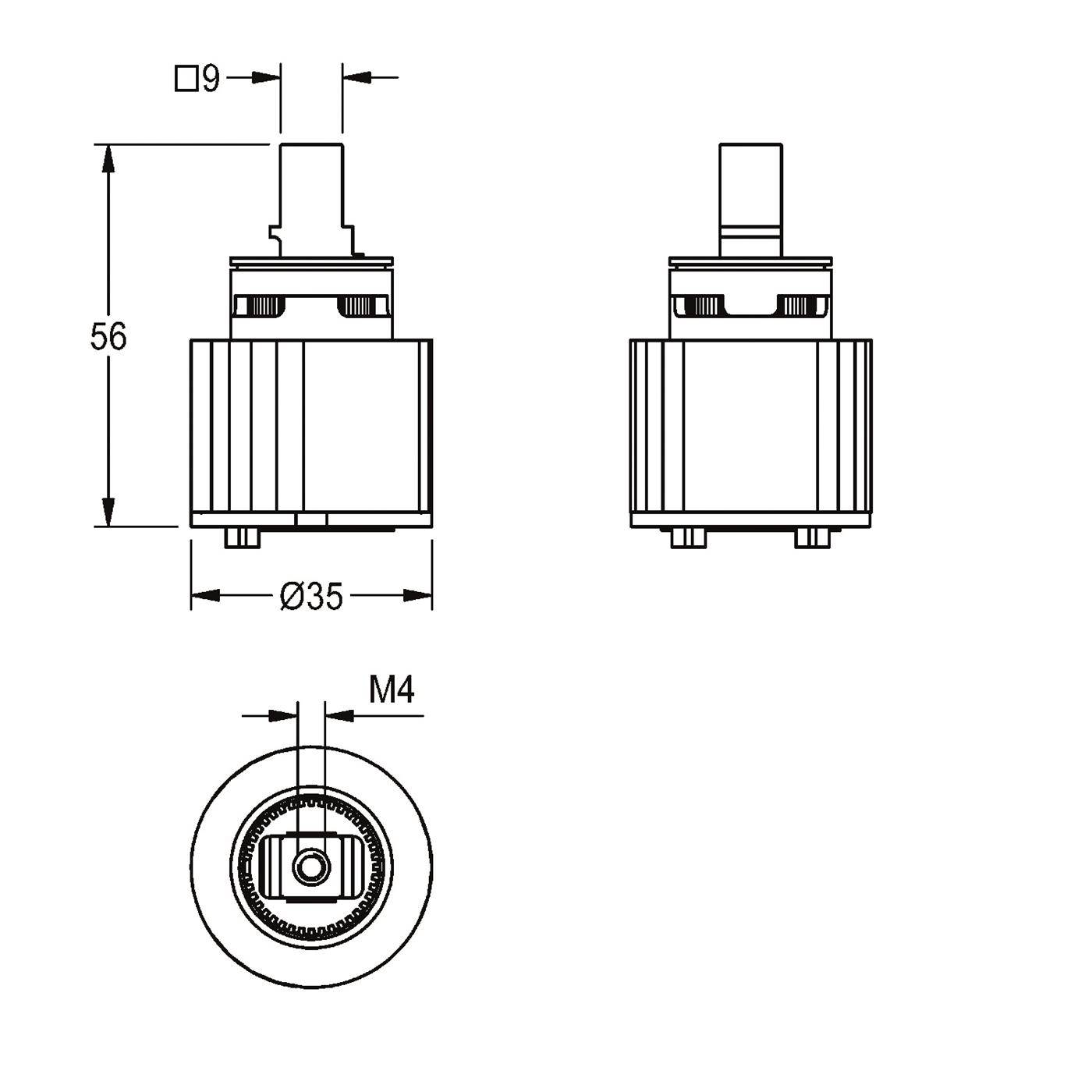Technische Zeichnung eines kleinen zylindrischen Bauteils, dargestellt in Vorder-, Seiten- und Draufsicht, mit den Abmessungen 56 mm Höhe, 35 mm Durchmesser, 9 mm obere Welle und M4-Befestigungsdetail.