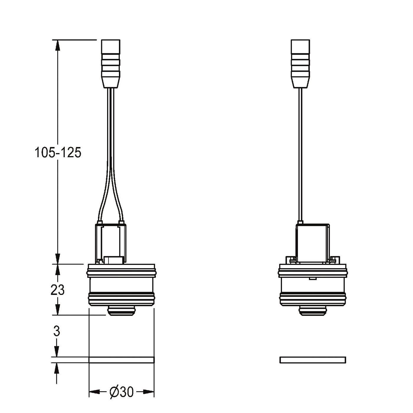 Technische Zeichnung einer zylindrischen Komponente mit Kabel, Vorder- und Seitenansicht sowie Abmessungen: Höhe 105-125, 23, 3, Durchmesser 30.
