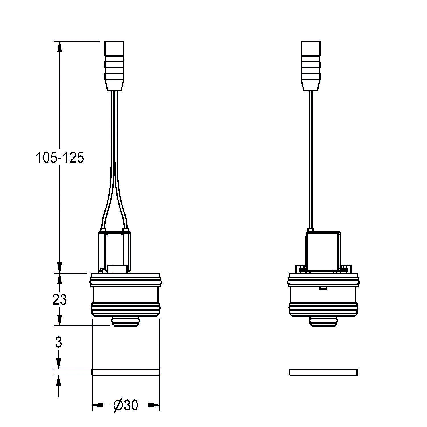 Technische Zeichnung einer Hängelampe. Abmessungen umfassen 105-125 Höhe, 23 Einheit, 30 Durchmesser mit detaillierten Seiten- und Frontansichten.