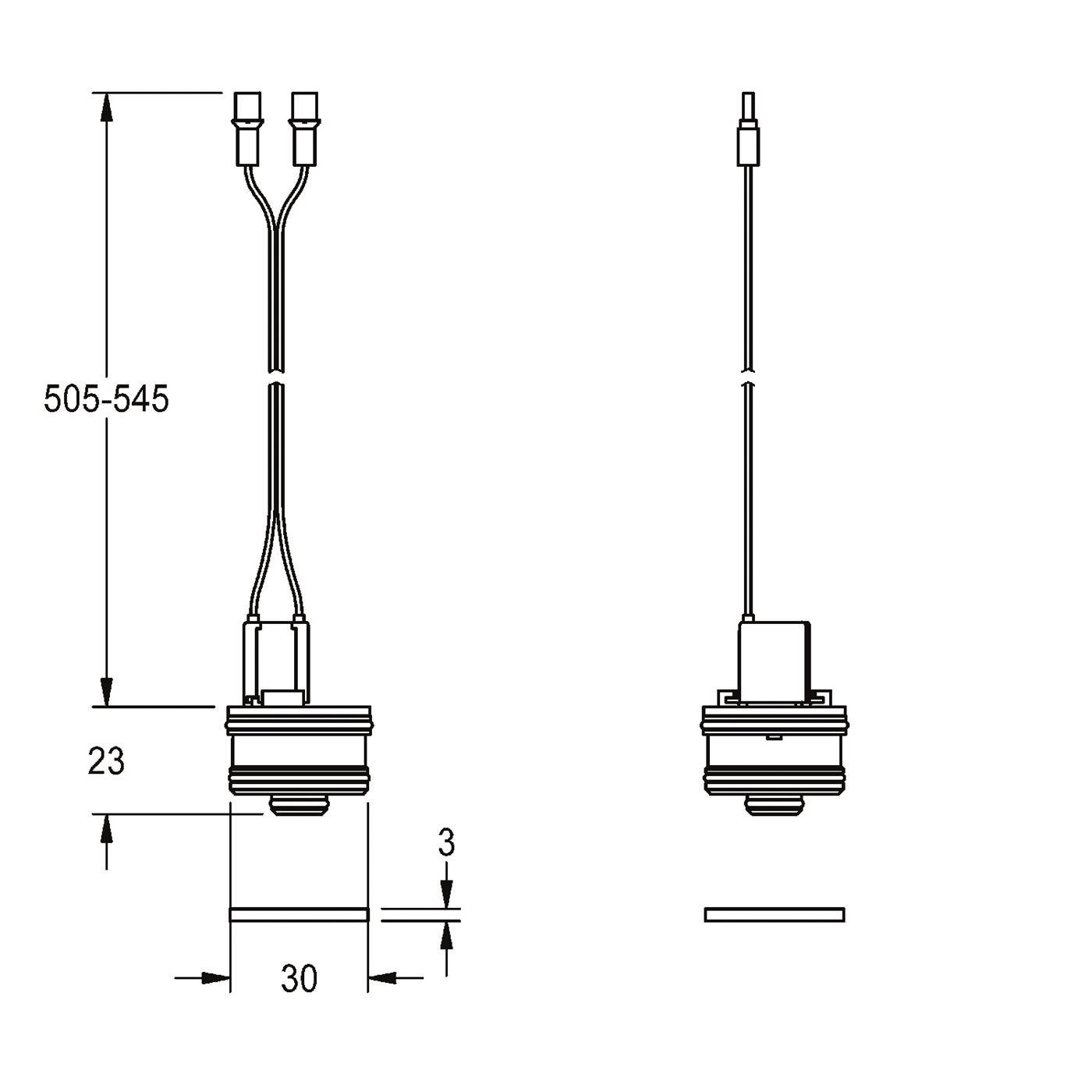 Technische Strichzeichnung einer kabelverbundenen zylindrischen Komponente mit Front- und Seitenansicht, mit beschrifteten Abmessungen 505–545, 23, 30 und 3.