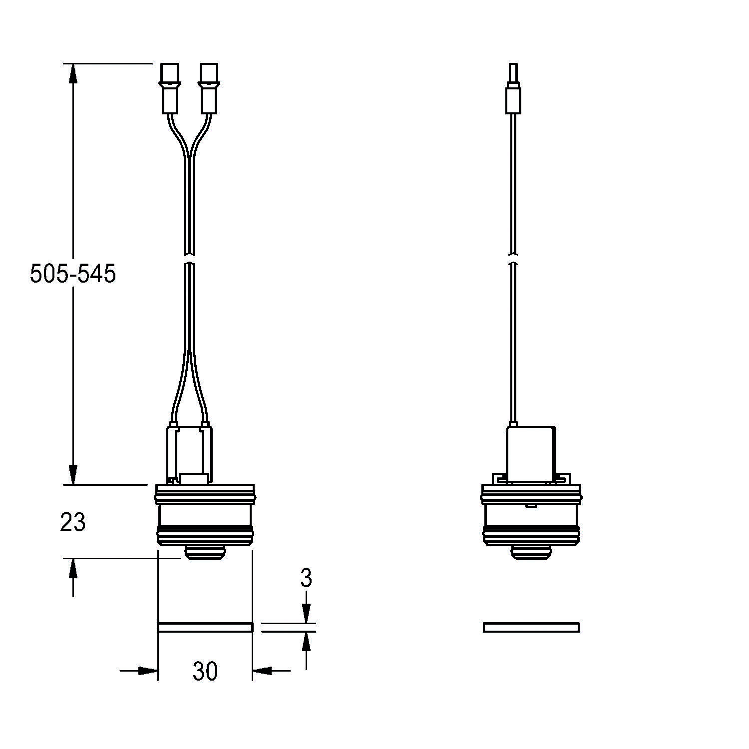 Technische Zeichnung einer Komponente mit zwei Drahtanschlüssen, Abmessungen angegeben: Höhe 505-545 mm, Basisdurchmesser 30 mm, weitere Details vermerkt.