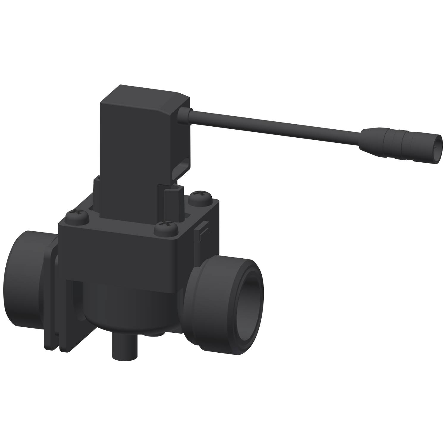 Ein 3D-Modell eines mechanischen Ventils mit einem Hebel und zylindrischen Anschlüssen, auf einem schwarzen Hintergrund dargestellt.