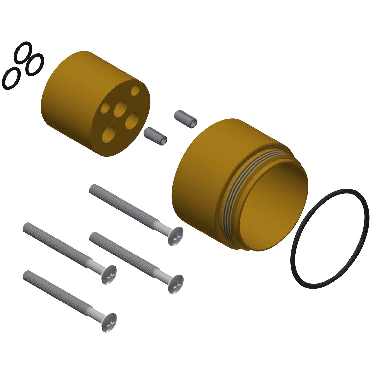 Explosionszeichnung einer mechanischen Komponente mit fünf sichtbaren Teilen, einschließlich Schrauben, eines zylindrischen Stücks mit Löchern und kreisförmiger Dichtungen, separat angeordnet.