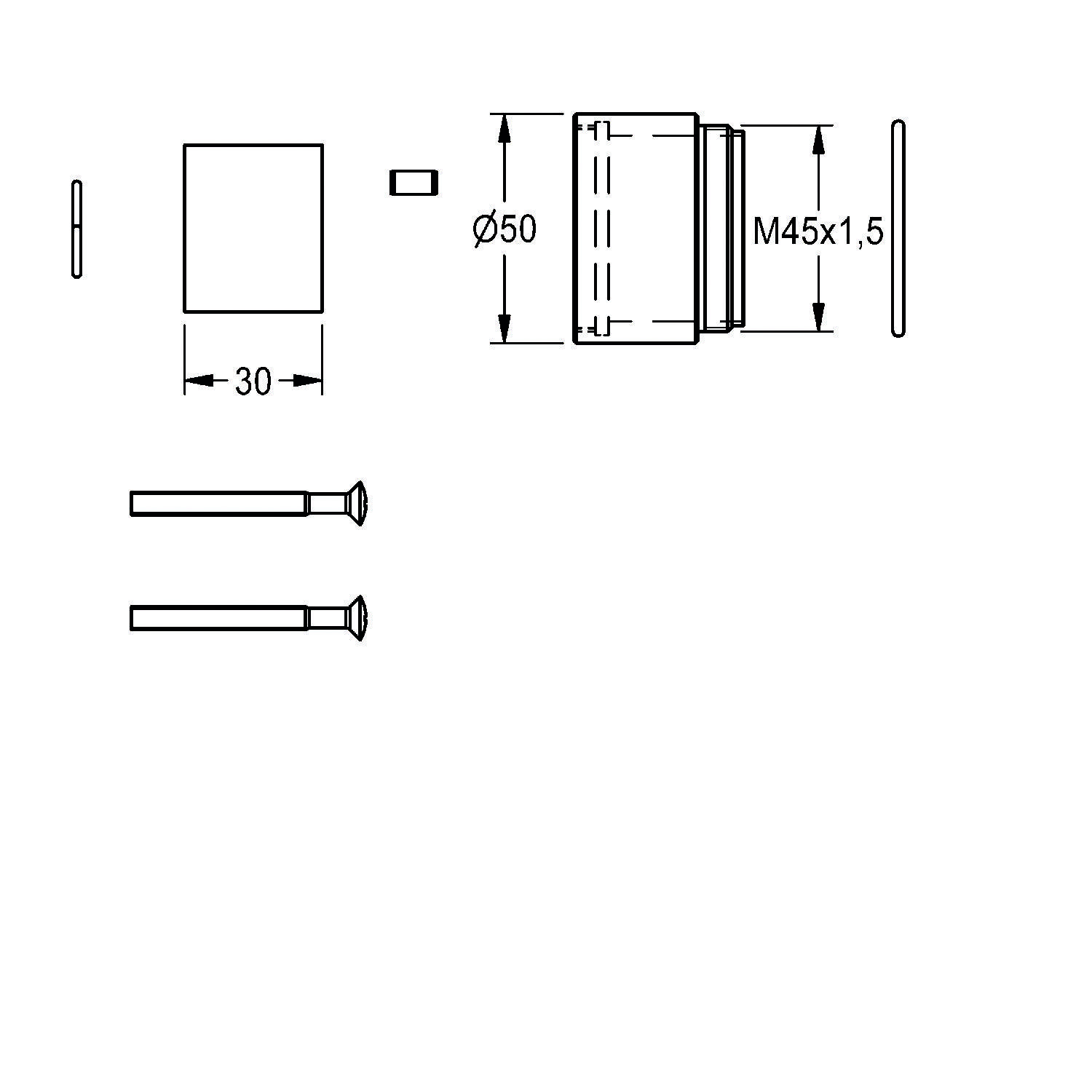 Technische Zeichnung einer zylindrischen Komponente mit wichtigen Abmessungen: Durchmesser 50 mm, Länge 30 mm. Enthält Schrauben und Befestigungsdetails 'M45x1,5'.