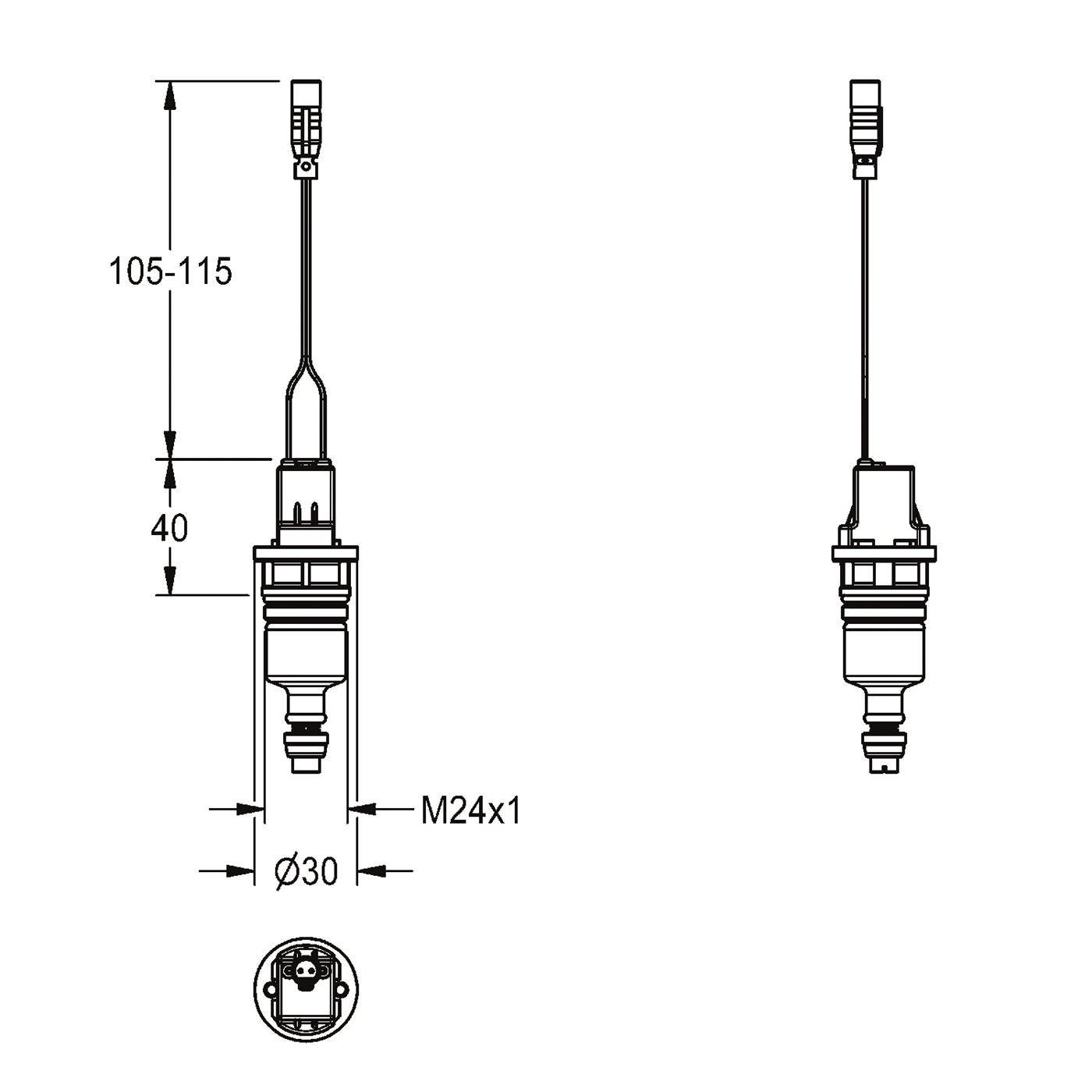 Technische Zeichnung eines Sensors oder einer Zündkerze mit Seiten- und Vorderansicht, die Abmessungen 105-115, 40, Ø30 und M24x1 zeigt.