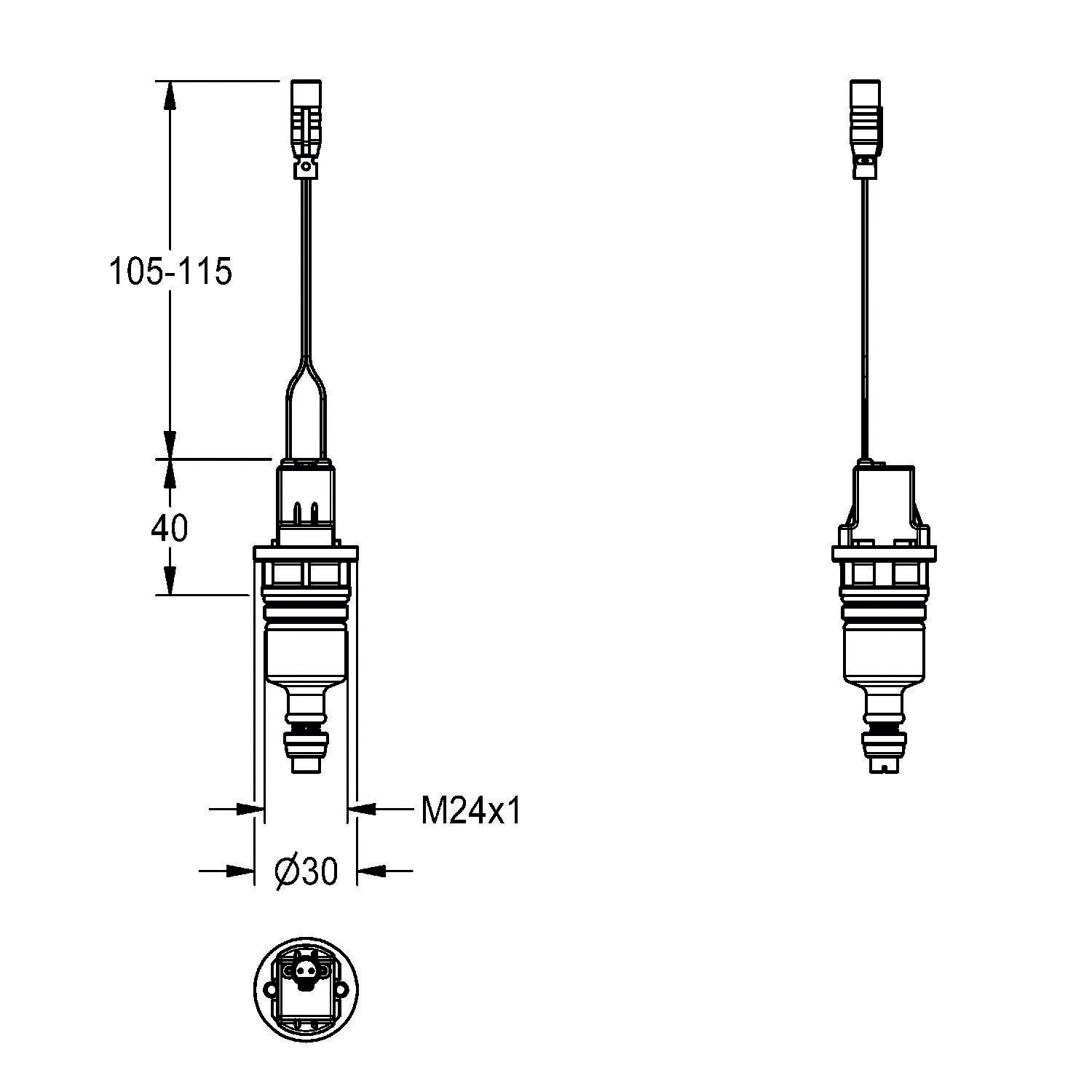 Technische Zeichnung eines Sensors mit Abmessungen: Länge 105-115 mm, Breite 30 mm. Beinhaltet Anschlussdetails und M24x1 Gewinde.