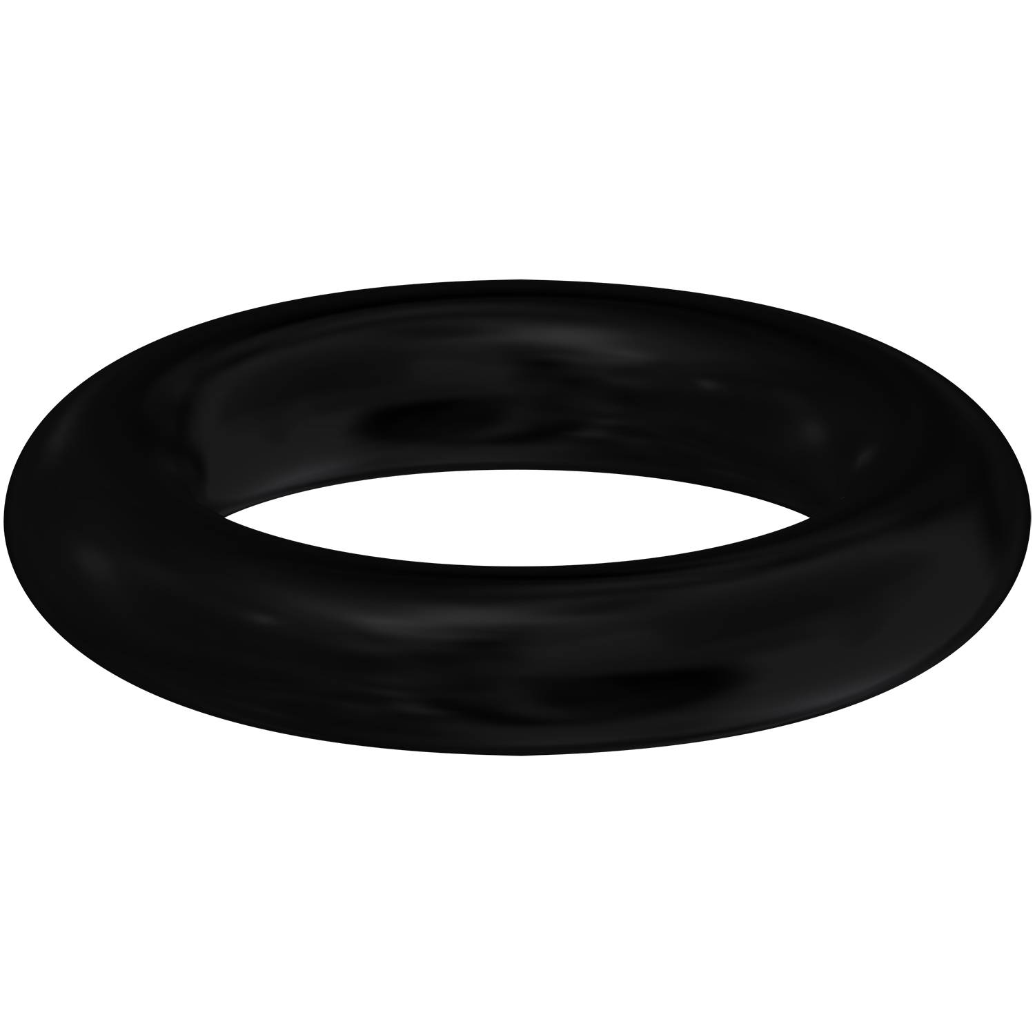 Ein glatter schwarzer ringförmiger Körper auf dunklem Hintergrund, der einer Torus ähnelt.