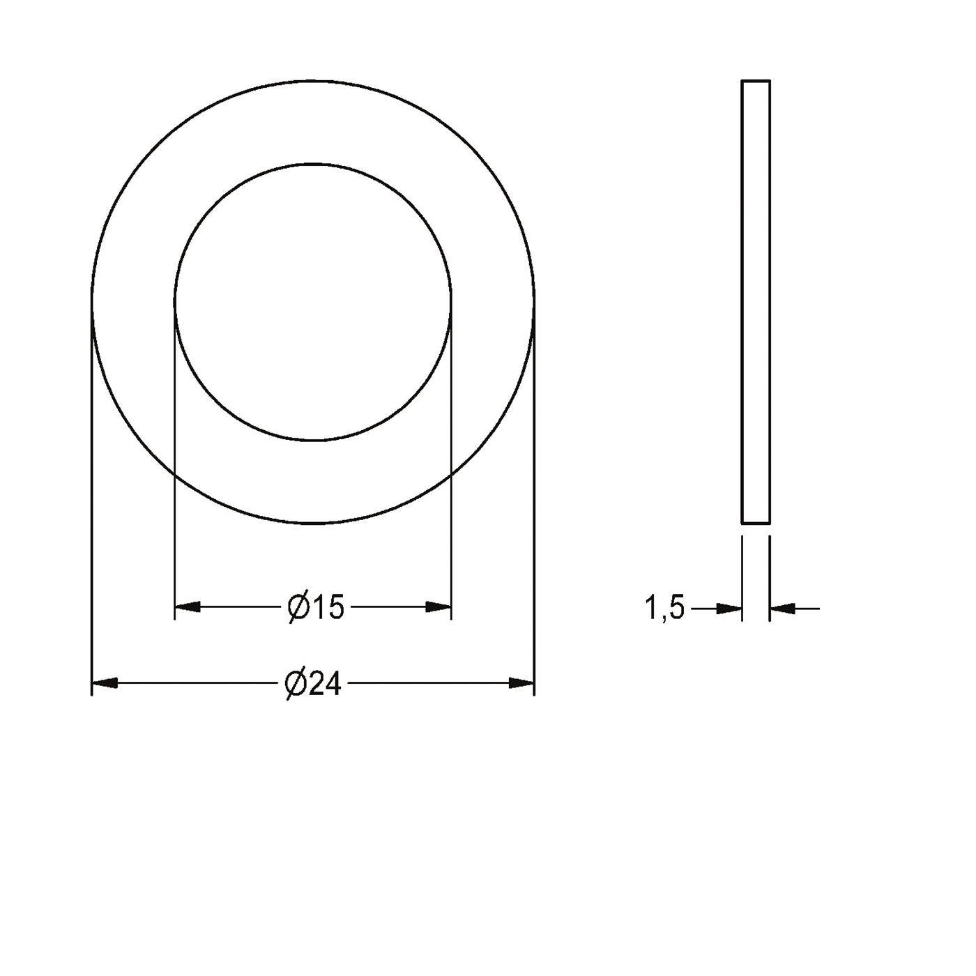 Technische Zeichnung einer Unterlegscheibe oder eines Rings: Außendurchmesser 24 mm, Innendurchmesser 15 mm, Dicke 1,5 mm.