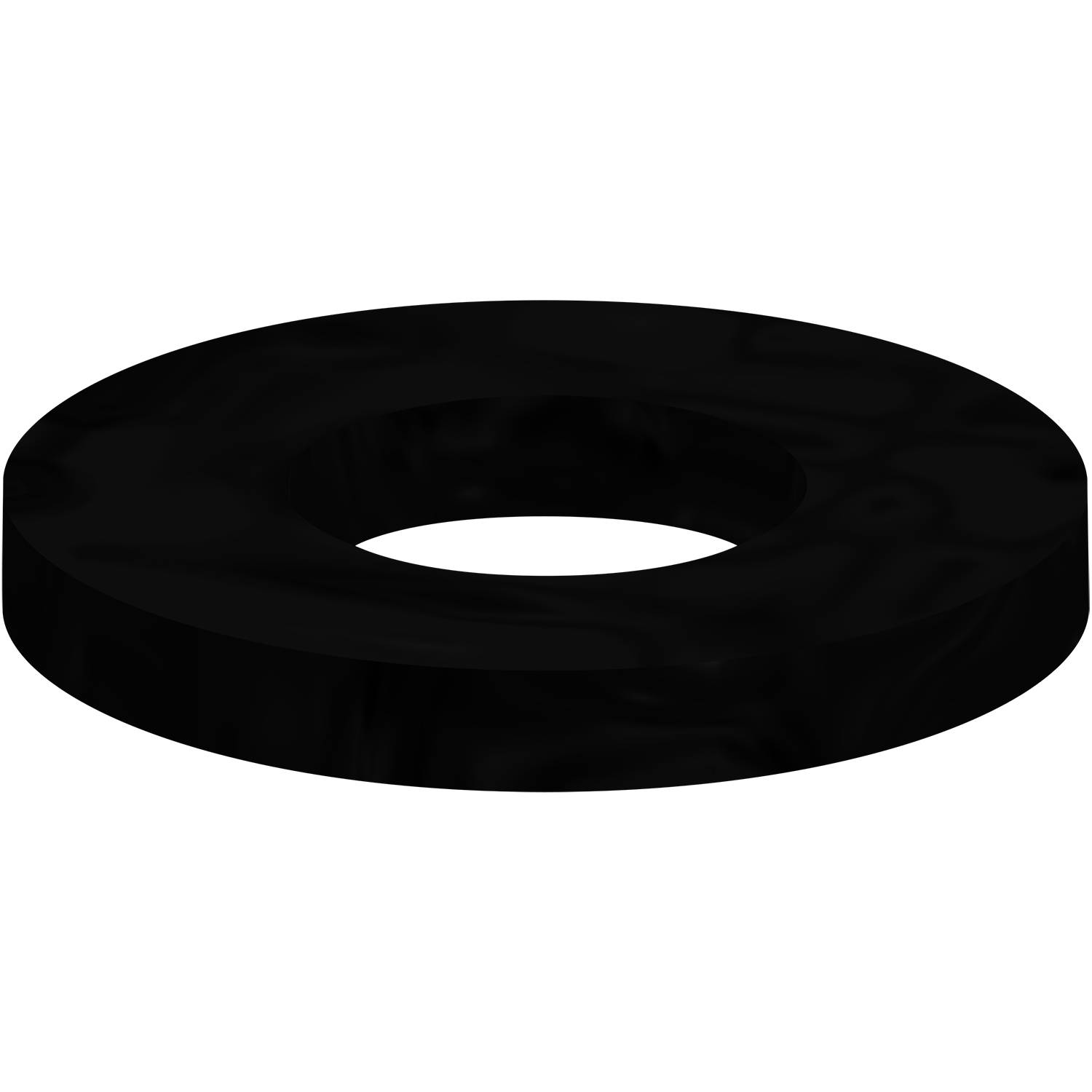 Eine schwarze Torusform oder ein Donut erscheint vor einem schwarzen Hintergrund. Die glatte, reflektierende Oberfläche erzeugt subtile Lichtreflexe und Schatten.