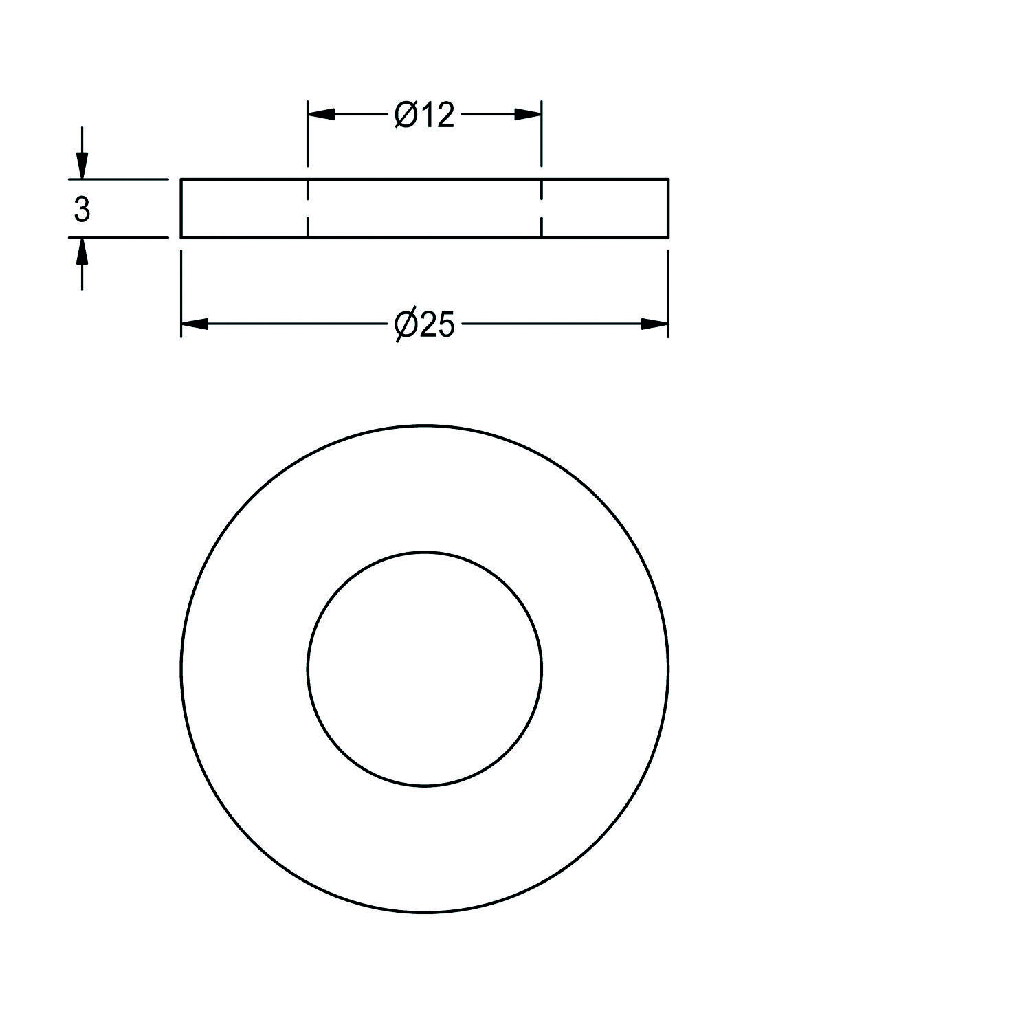 Technische Zeichnung einer Unterlegscheibe mit einem Außendurchmesser von 25 mm, einem Innendurchmesser von 12 mm und einer Dicke von 3 mm.