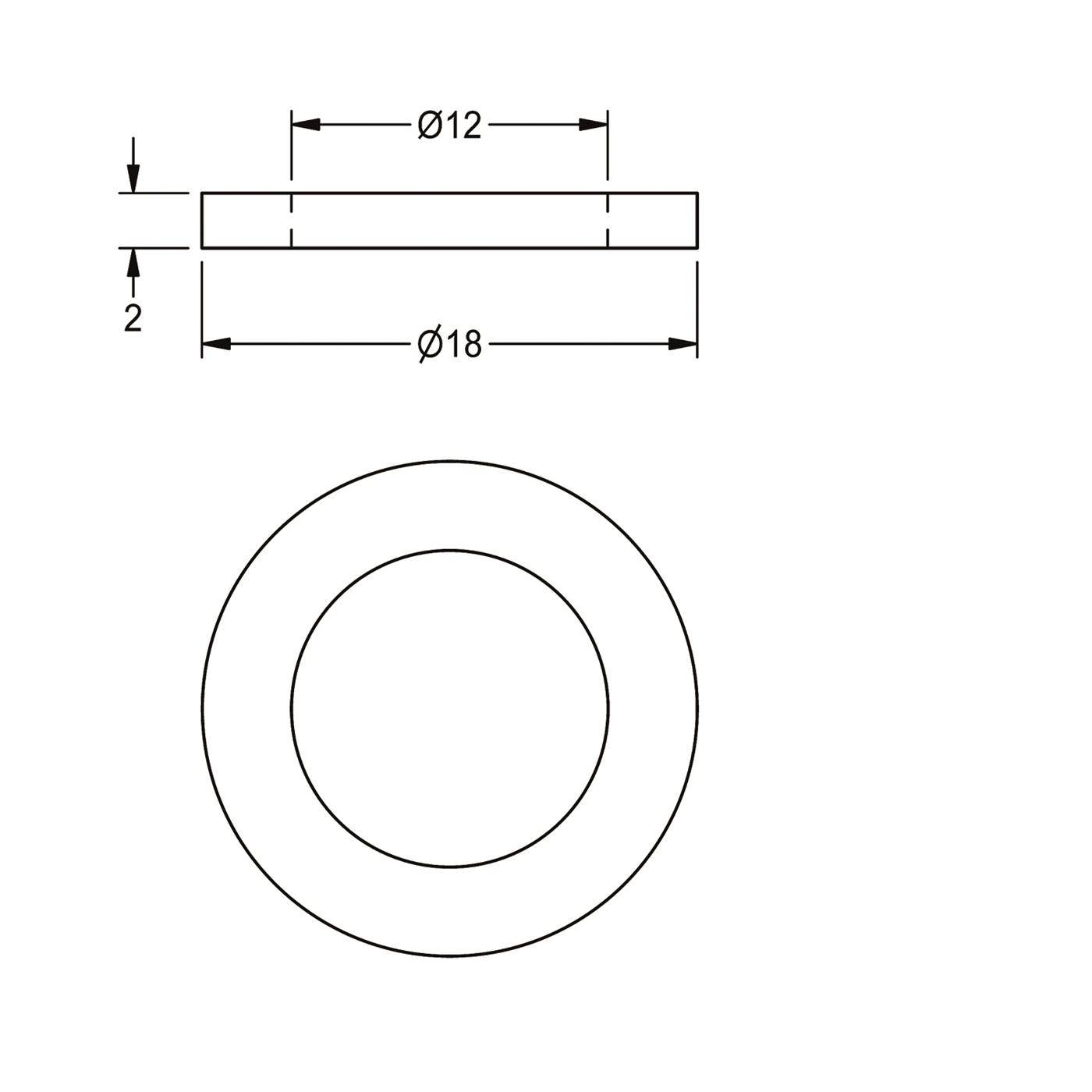 Technische Zeichnung einer unterlegscheibenähnlichen Ringe: Außendurchmesser Ø18, Innendurchmesser Ø12, Dicke 2.