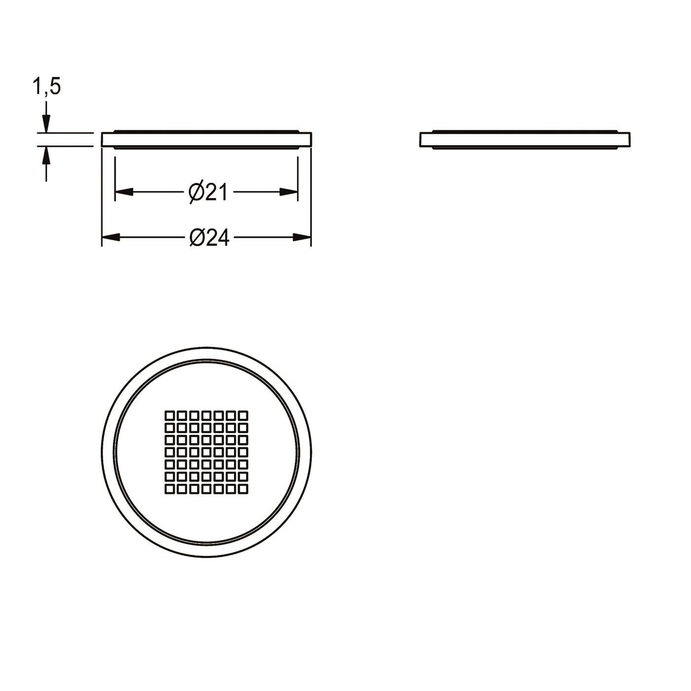 Technische Zeichnung eines dünnen kreisförmigen Teils: 1,5 Dicke, 24 mm Außendurchmesser, 21 mm Innendurchmesser, mit quadratischer Gitterzentrumdetail.