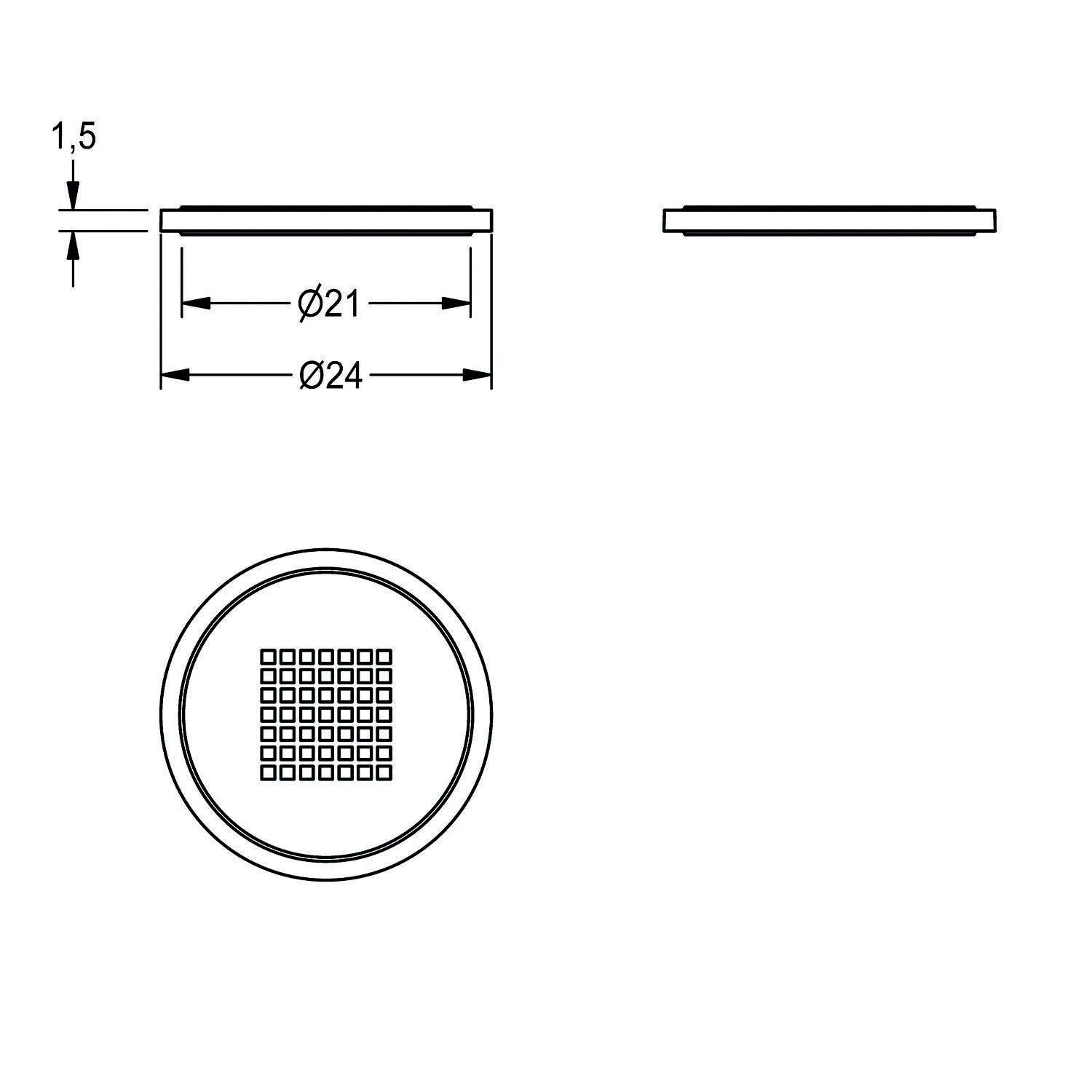Technische Zeichnung eines kreisförmigen Metallgitterfilters. Draufsicht zeigt einen Durchmesser von 24 mm mit Innenraster, während die Seitenansicht eine Dicke von 1,5 mm aufweist.