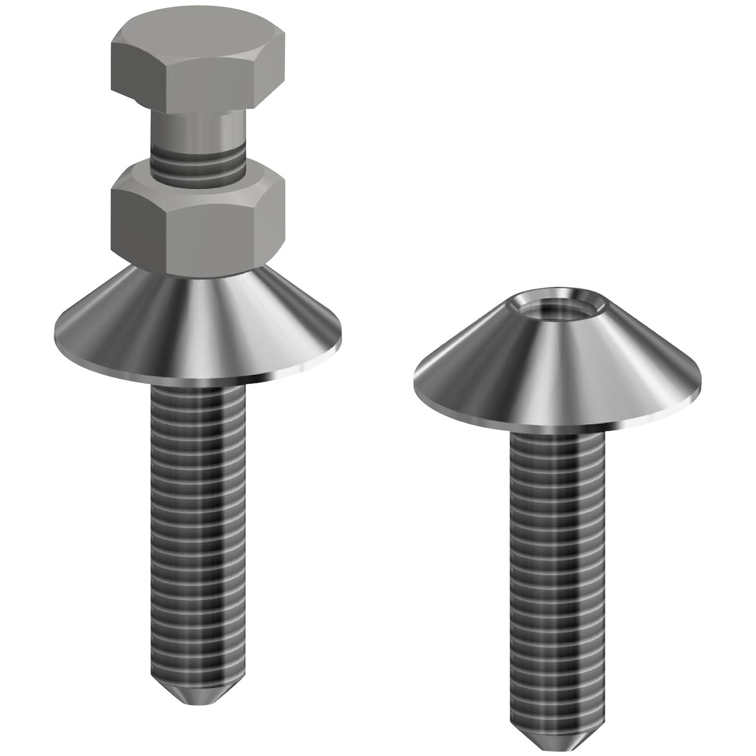 Ein 3D-gerendertes Bild von zwei Edelstahlschrauben: links mit einer sechseckigen Mutter und rechts mit einer konischen Kappe, auf schwarzem Hintergrund.