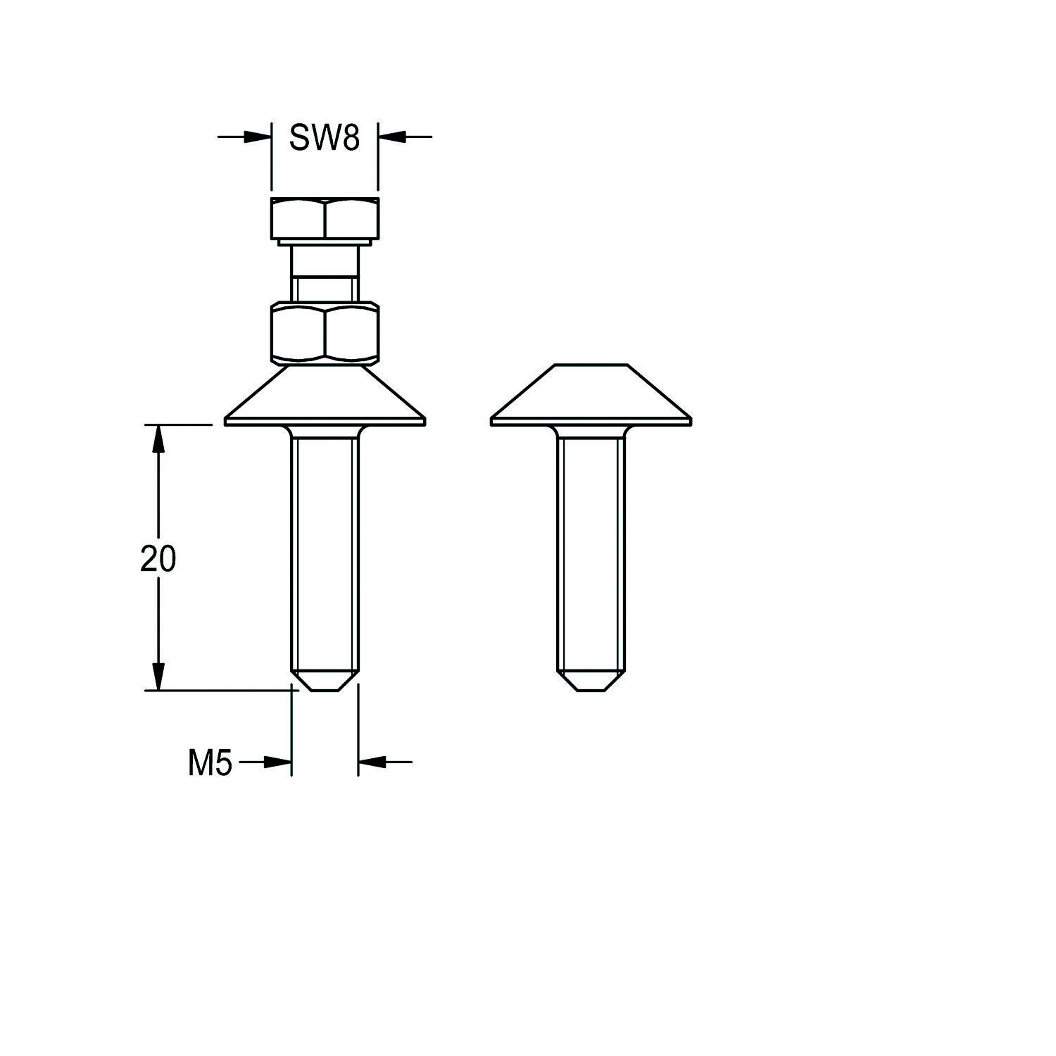 Technische Zeichnung eines Pins mit einer Mutter; zeigt Abmessungen: Höhe 20 mm, M5-Gewinde und Schlüsselweite SW8.