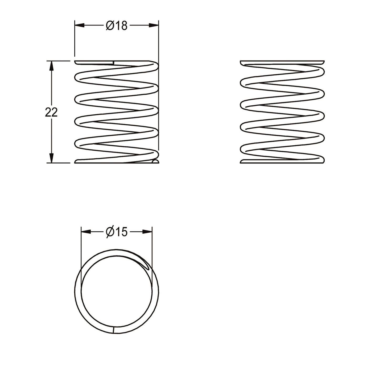 Technische Zeichnung einer Schraubenfeder mit Abmessungen: 22 mm Höhe, 18 mm Außendurchmesser und 15 mm Innendurchmesser in Seiten- und Draufsicht.