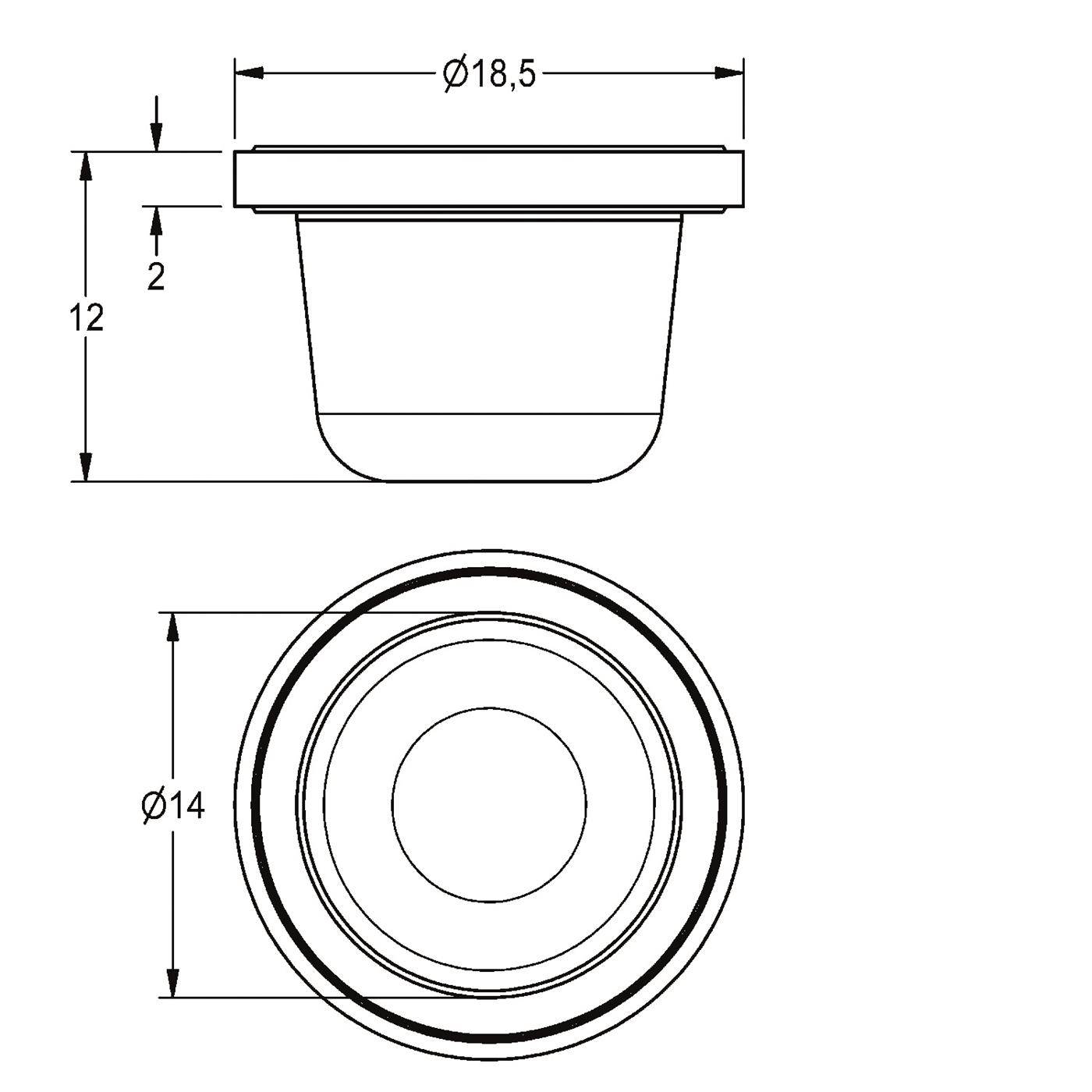 Technische Zeichnung eines runden Behälters mit Deckel, zeigt Seiten- und Draufsicht mit Abmessungen: 18,5 cm Durchmesser, 12 cm Höhe und 14 cm Basisdurchmesser.