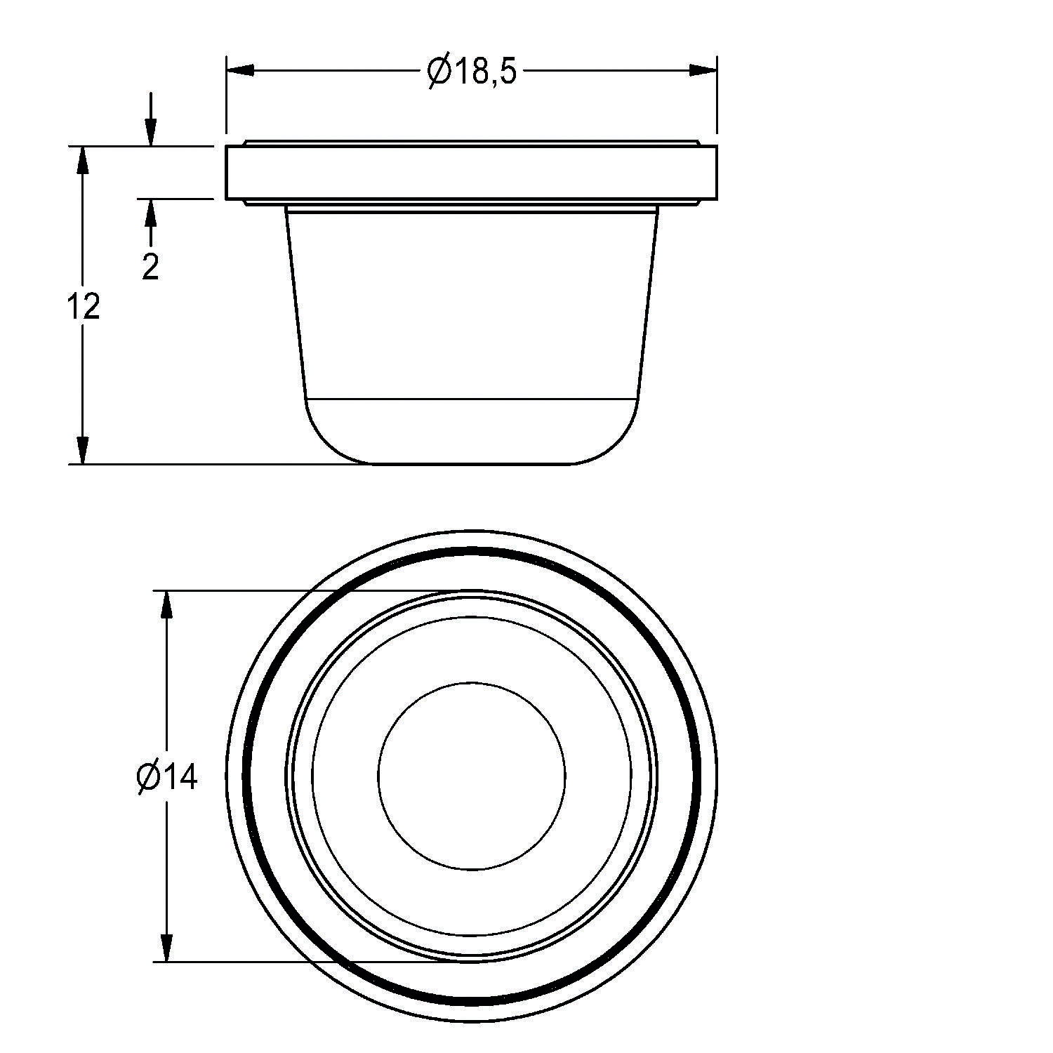 Technische Zeichnung eines Zylinderbehälters mit Deckel, Ansicht von oben und von der Seite; Maße: Deckel-Durchmesser 18,5, Höhe 12, Bodendurchmesser 14.