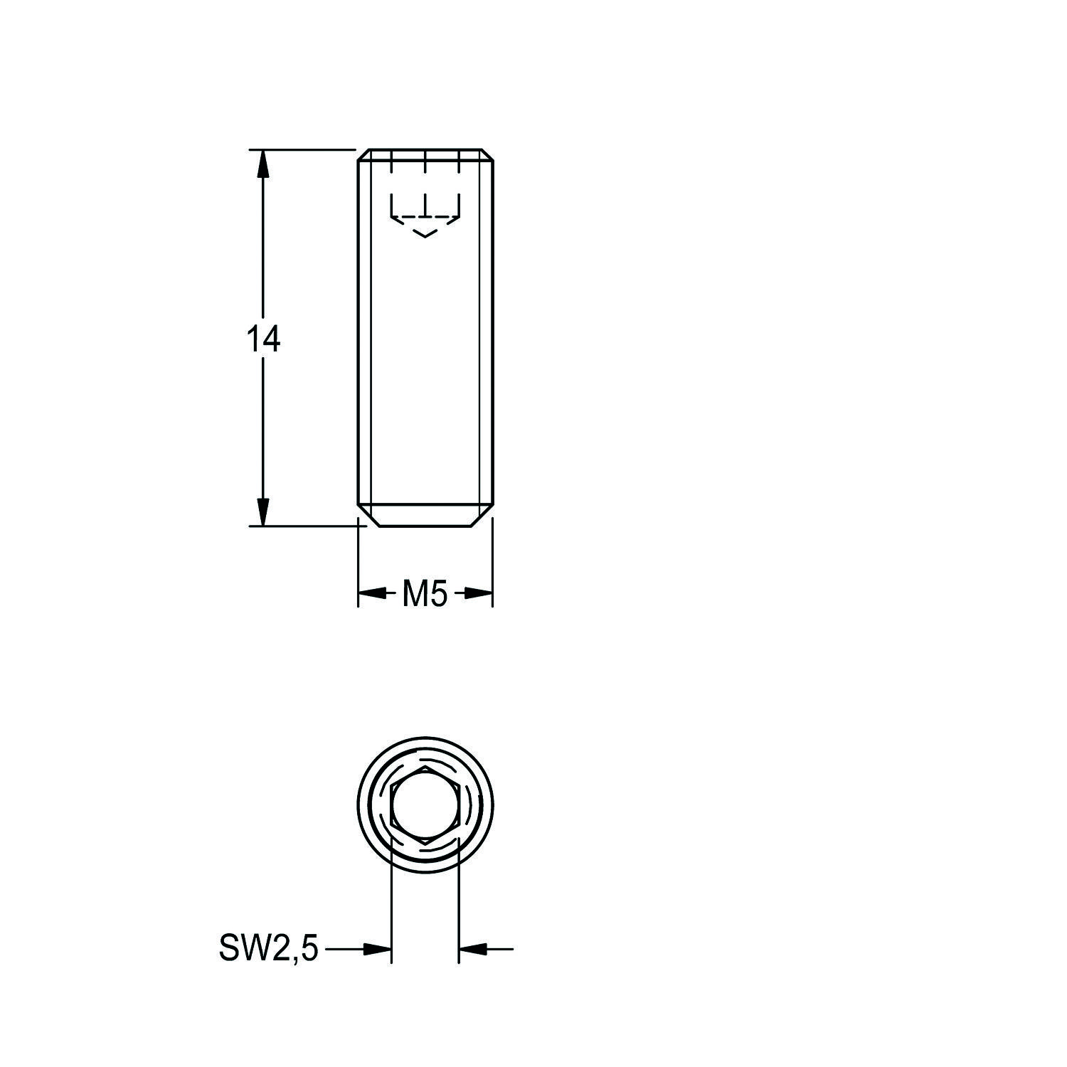 Technische Zeichnung einer Metallkomponente mit Abmessungen: Höhe 14 mm, M5 Breite und SW2,5 Markierung. Ansicht von Ober- und Unterseite dargestellt.