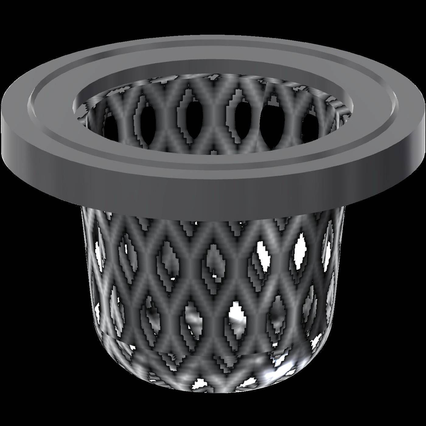 3D-Rendering eines grauen, perforierten zylindrischen Korbs oder Mülleimers mit breiter runder Krempe, dargestellt vor schwarzem Hintergrund.