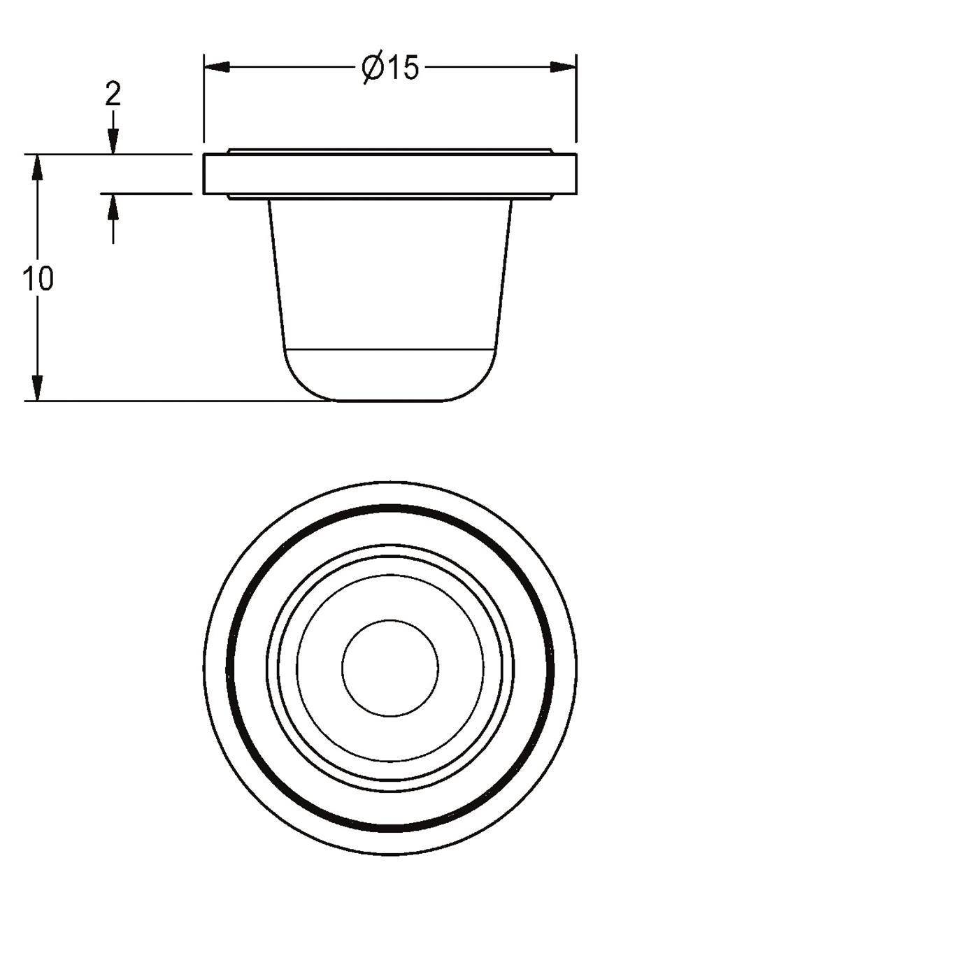 Technische Zeichnung einer kleinen runden Kappe oder eines Stöpsels mit Seiten- und Draufsicht sowie Abmessungen: 15 mm Durchmesser, 10 mm Höhe und 2 mm Dickung an der Oberseite.