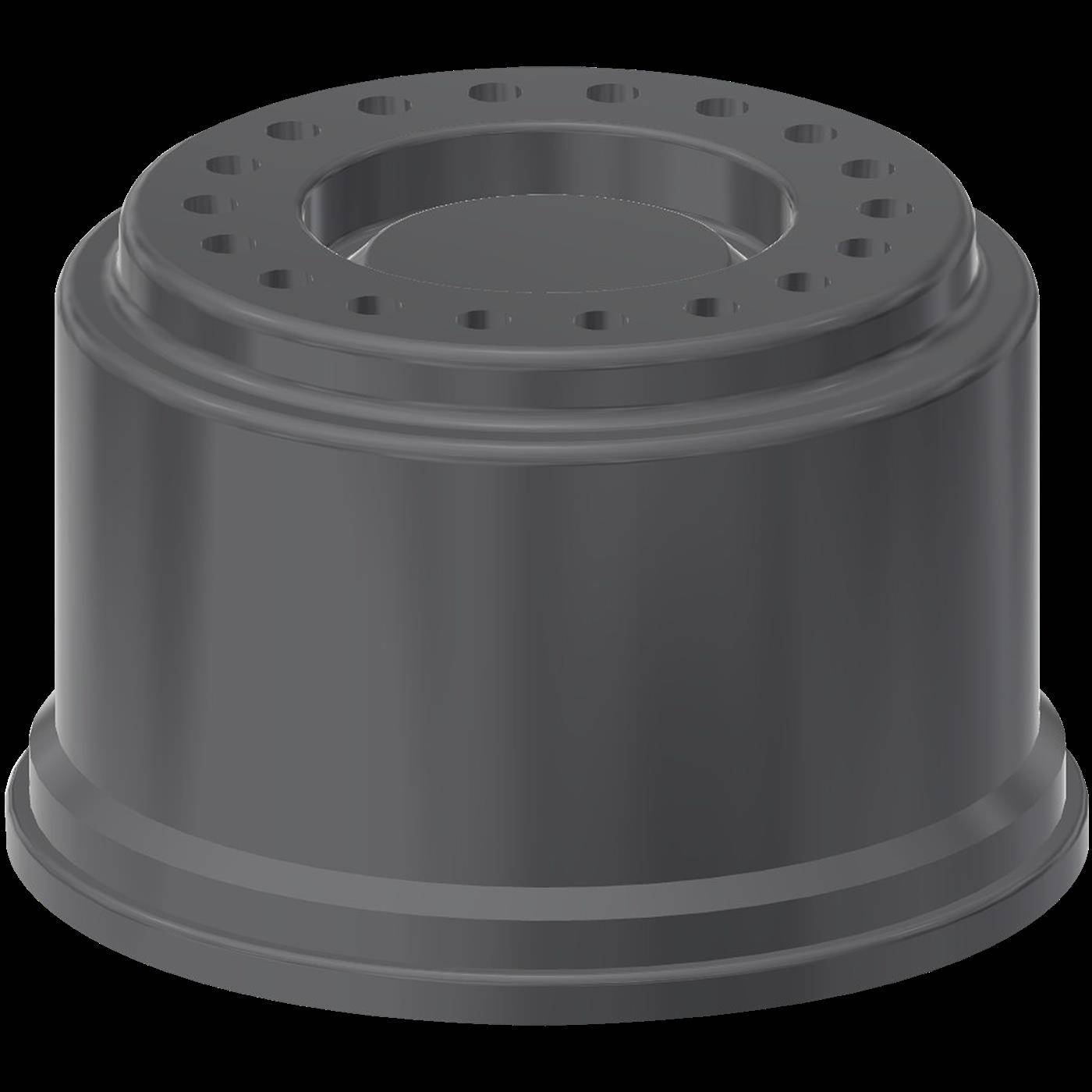 Grauer zylindrischer mechanischer Teil mit flanschiger Basis und perforiertem oberem Rand, dargestellt vor schwarzem Hintergrund.
