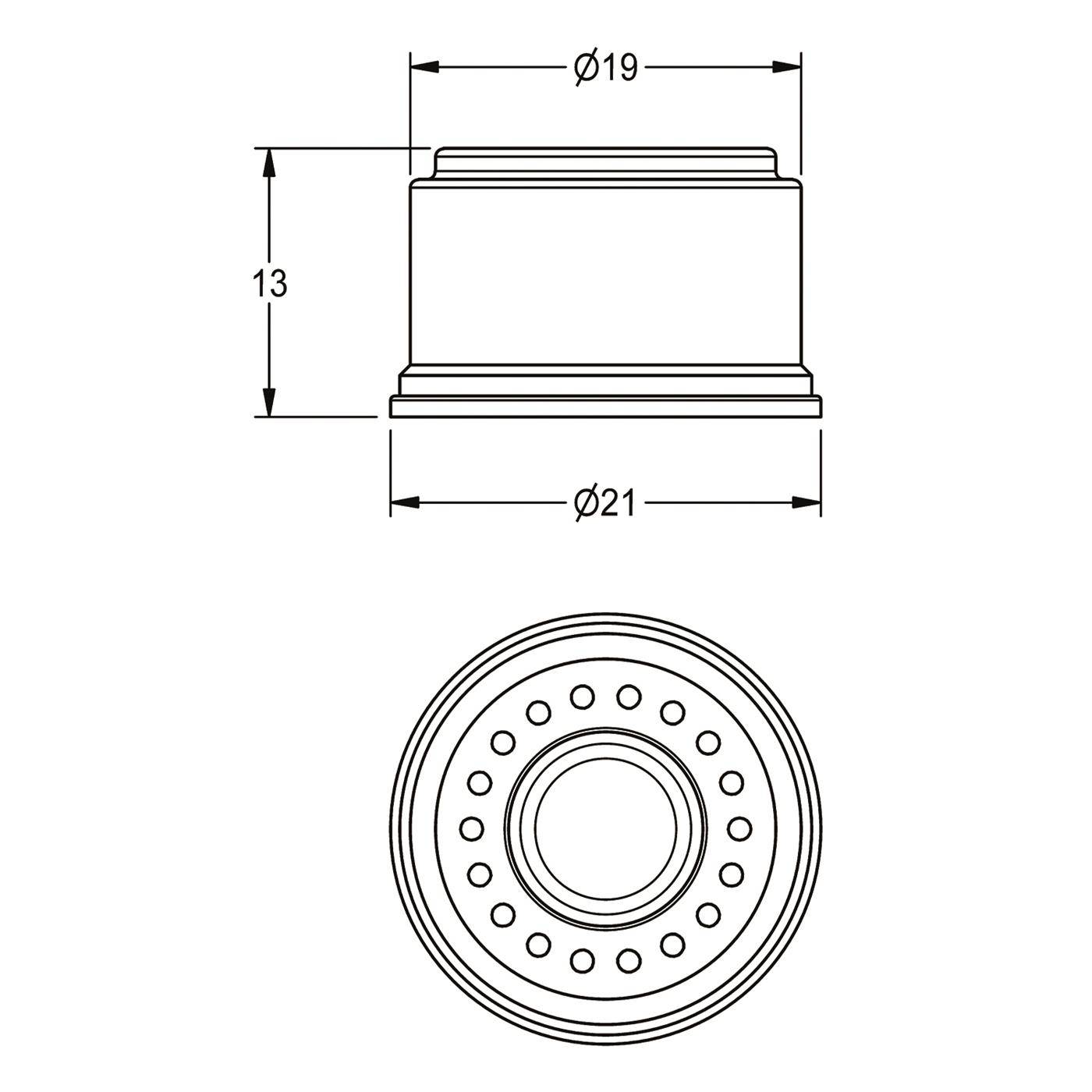 Technische Zeichnung eines zylindrischen Teils, dargestellt in Seiten- und Draufsicht, beschriftet mit Durchmesser 19, Durchmesser 21 und Höhe 13, mit einem Kreis von gleichmäßig verteilten Löchern in der Mitte.