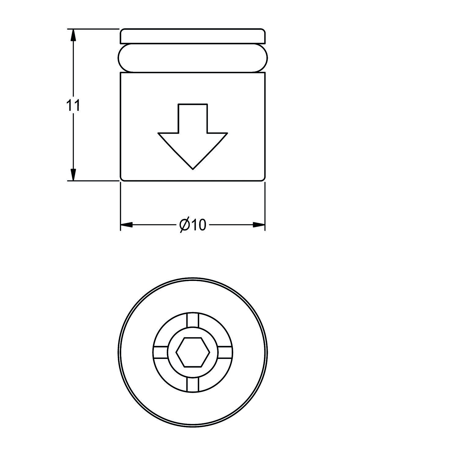 Eine technische Zeichnung, die eine Komponente mit einem nach unten gerichteten Pfeil zeigt, der einen Durchmesser von 10 mm und eine Höhe von 11 mm angibt.