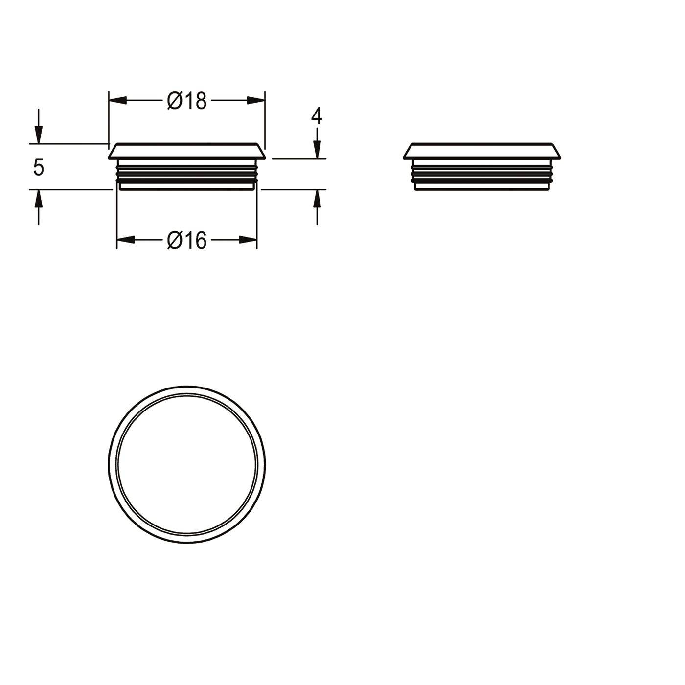 Technische Zeichnung einer kleinen runden Kappe oder eines Stopfens mit Abmessungen: 18 mm Oberdurchmesser, 16 mm Körperdurchmesser, 5 mm Höhe und 4 mm Oberflächenstärke, dargestellt in Seiten- und Draufsicht.