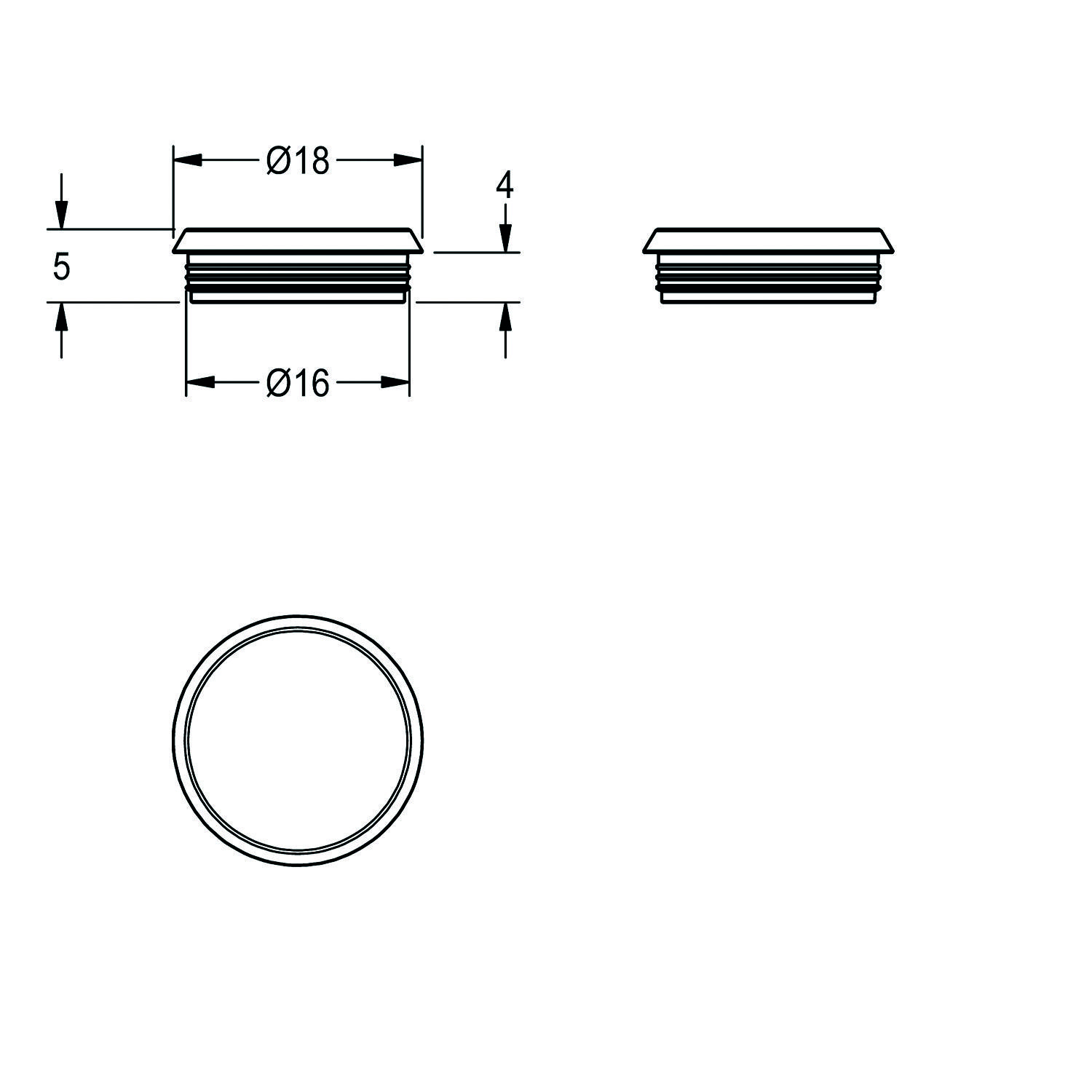 Diagramm eines kleinen zylindrischen Objekts mit Abmessungen: 18 mm Außendurchmesser, 16 mm Innendurchmesser, 5 mm Höhe, 4 mm Tiefe.