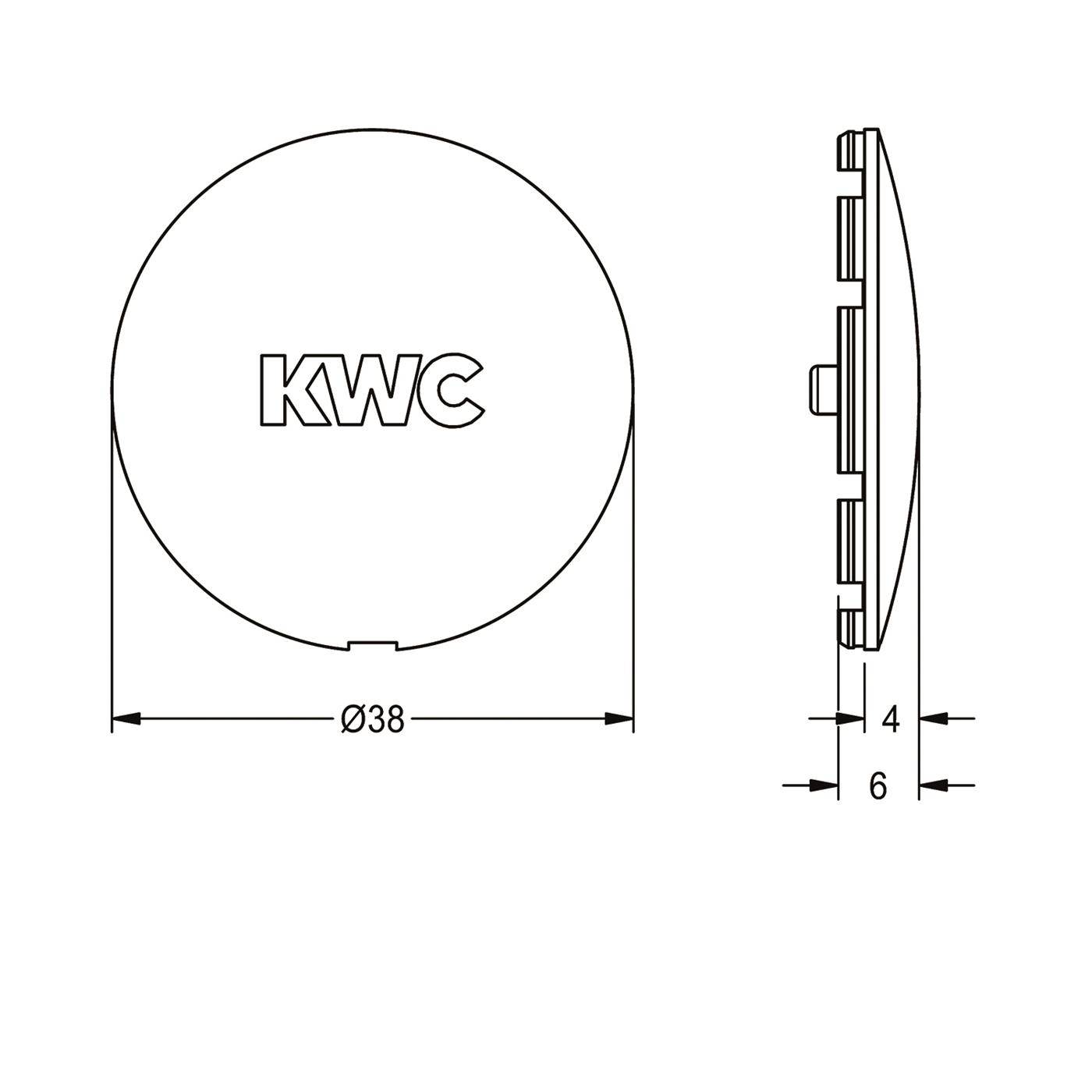 Technische Zeichnung einer runden KWC-Taste oder -Kappe, gekennzeichnet mit Ø38 mm Durchmesser und 4/6 mm Wandstärke, dargestellt in Vorder- und Seitenansicht.