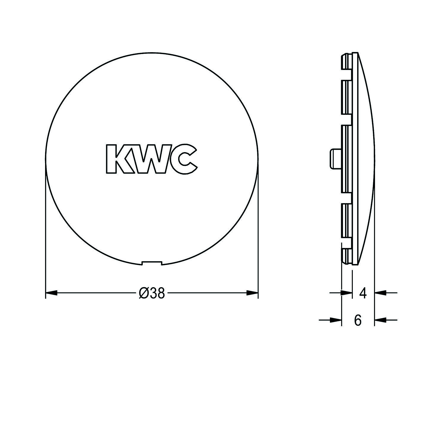 Technische Zeichnung zeigt eine kreisförmige KWC-Kappe mit einem Durchmesser von 38 mm und einer seitlichen Dicke von 6 mm.