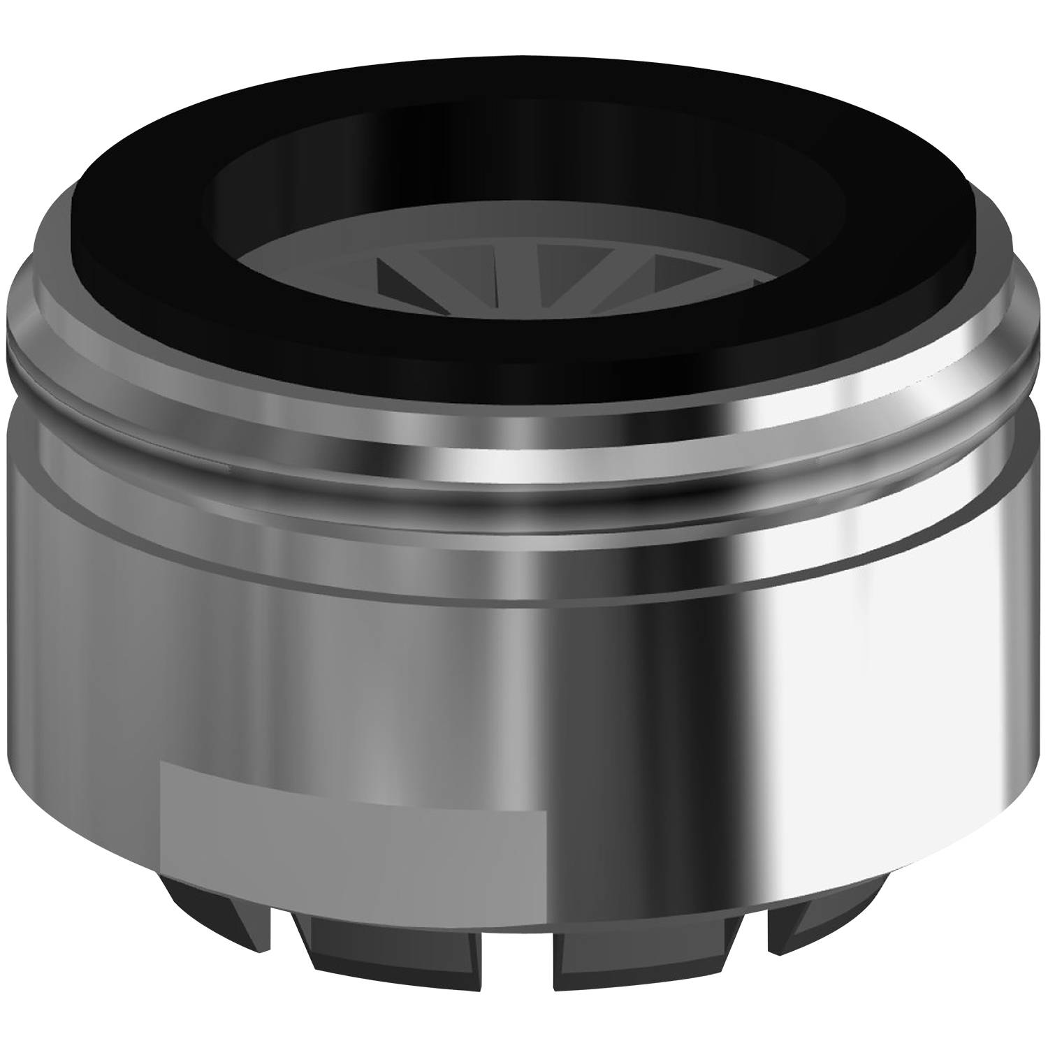 Ein metallisches, zylindrisches Turbinenmaschinenteil mit schwarzen Akzenten wird präsentiert, wobei seine komplexen Rillen und Designmerkmale hervorgehoben werden.