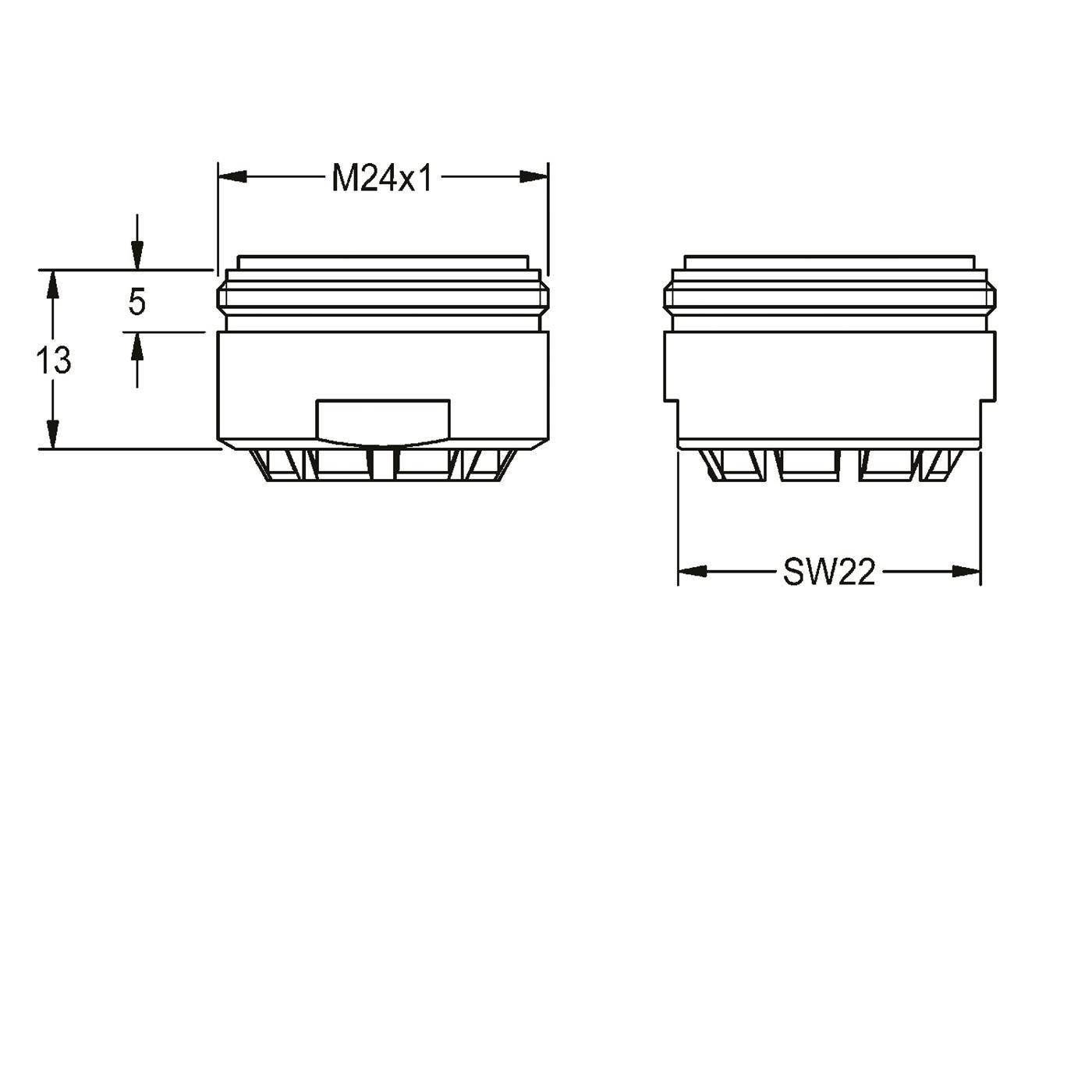 Bemaßte technische Zeichnung eines gewindelten zylindrischen Teils, gekennzeichnet mit M24x1, 13, 5 und SW22, mit Seiten- und Vorderansicht sowie Abmessungen.