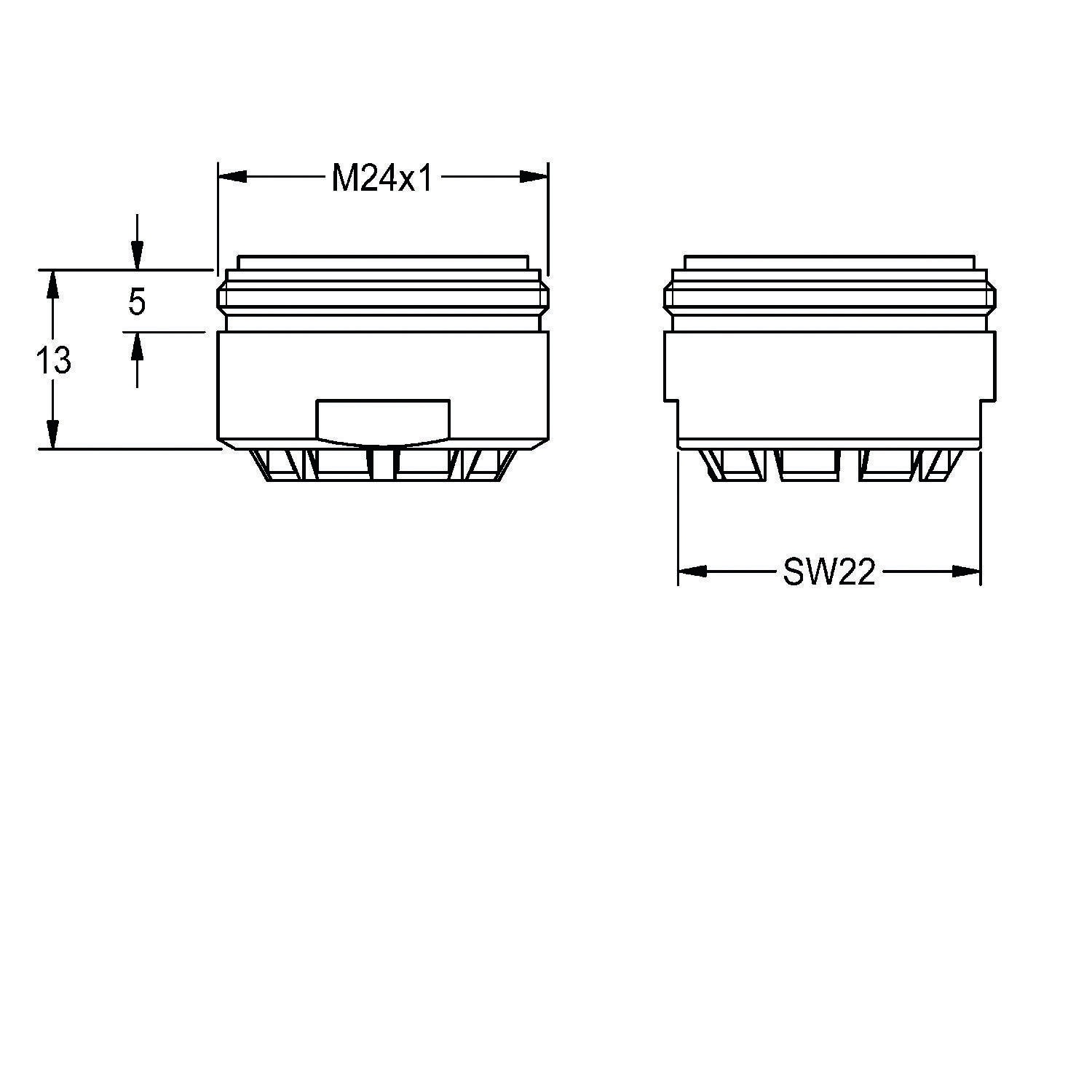 Technische Zeichnung einer mechanischen Komponente mit Drauf- und Seitenansicht; beschriftet mit M24x1, Höhenmessungen von 5 und 13 und Breite SW22.